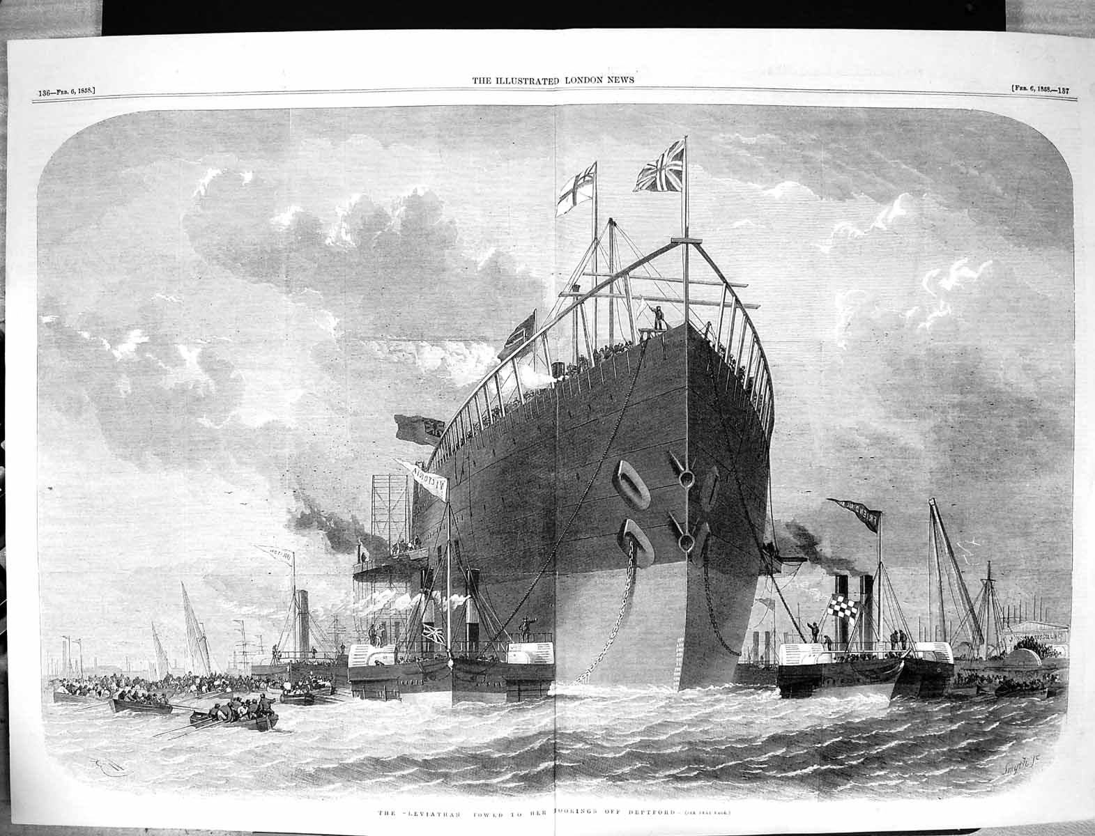Antique Print 1858 Leviathan Ship Towed Moorings Deptford England Fine Art 19th