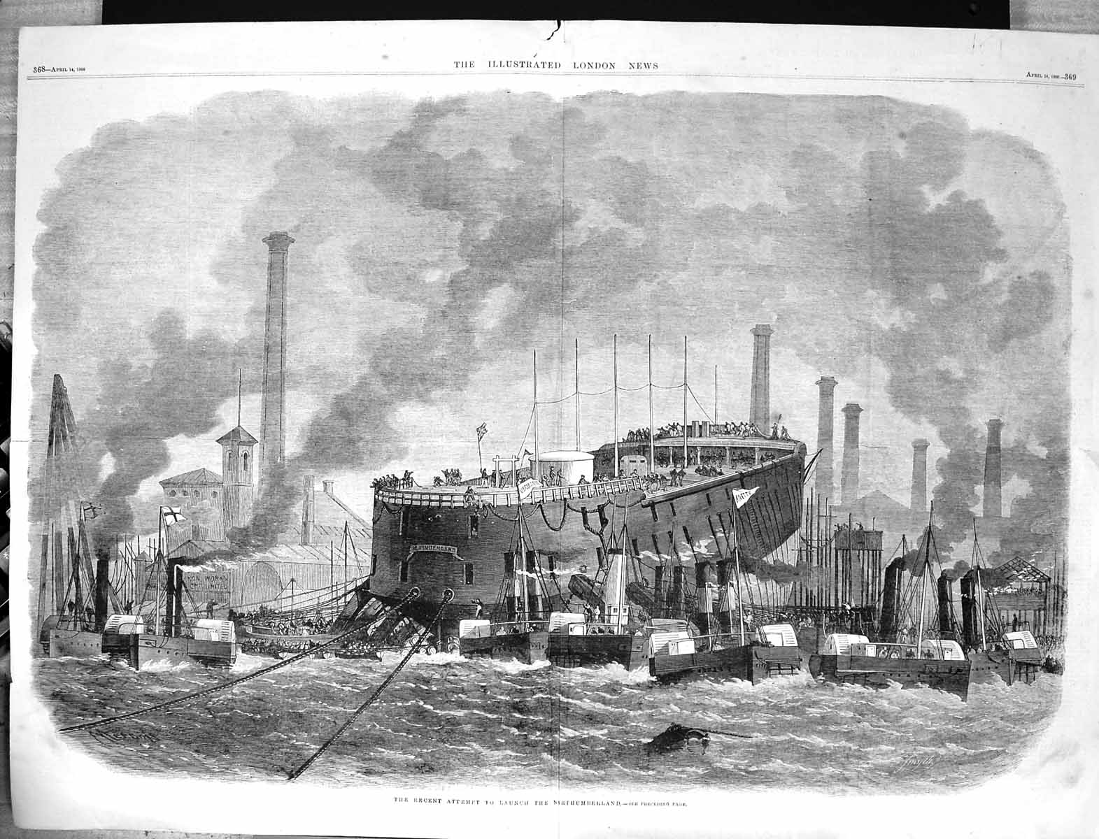 Antique Old Print 1866 Attempt Launch Northumberland Ship Dockyard Fine Art