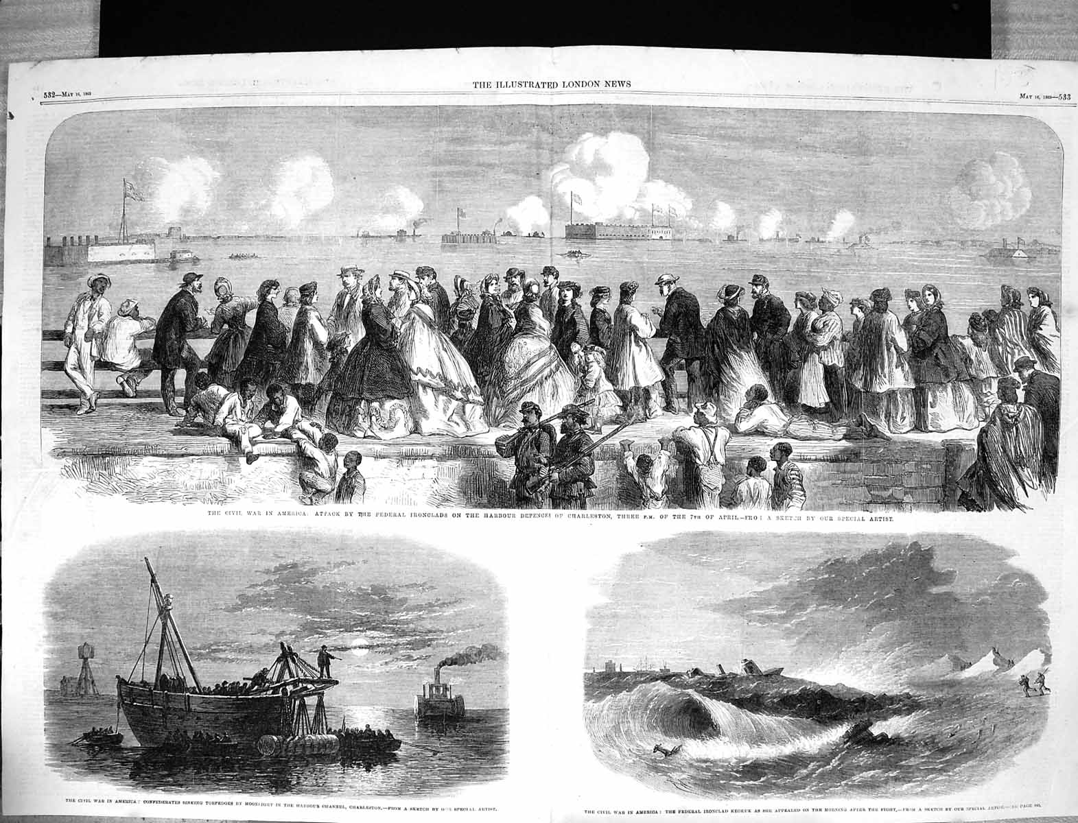 Old 1863 Civil War America Federal Ironclads Harbour Charleston Keoku Victorian