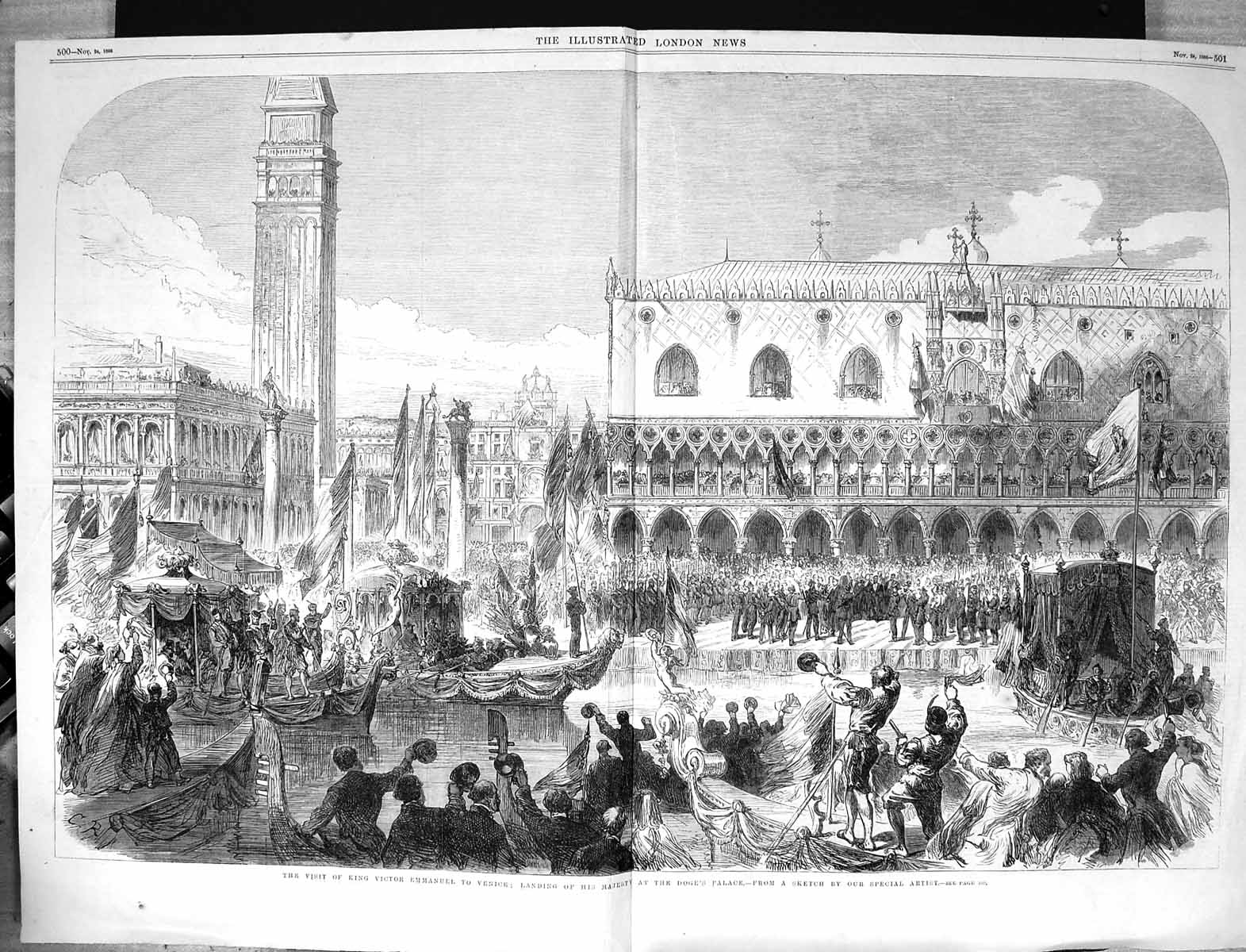 Antique Old Print 1866 Visit King Victor Emmanuel Venice Barge Doge'S Palace
