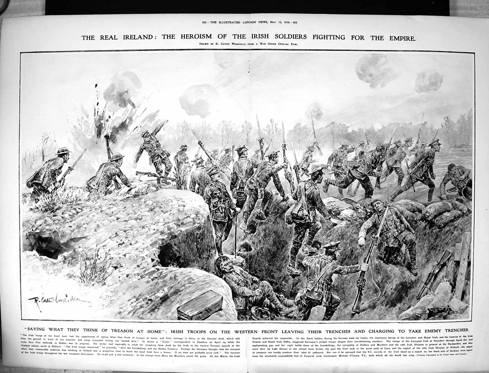 Old Print 1916 Ireland Irish Siers War Fighting Western Front Enemy Tren 20th