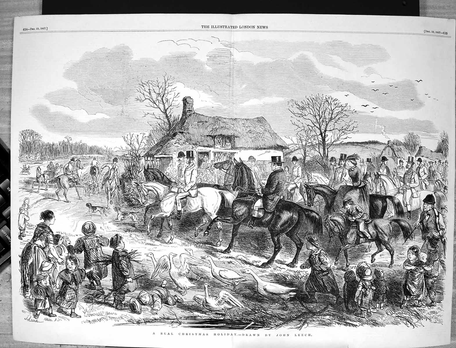 Old 1857 Christmas Holiday Fox Hunting Horses Geese Birds Familys Ske Victorian