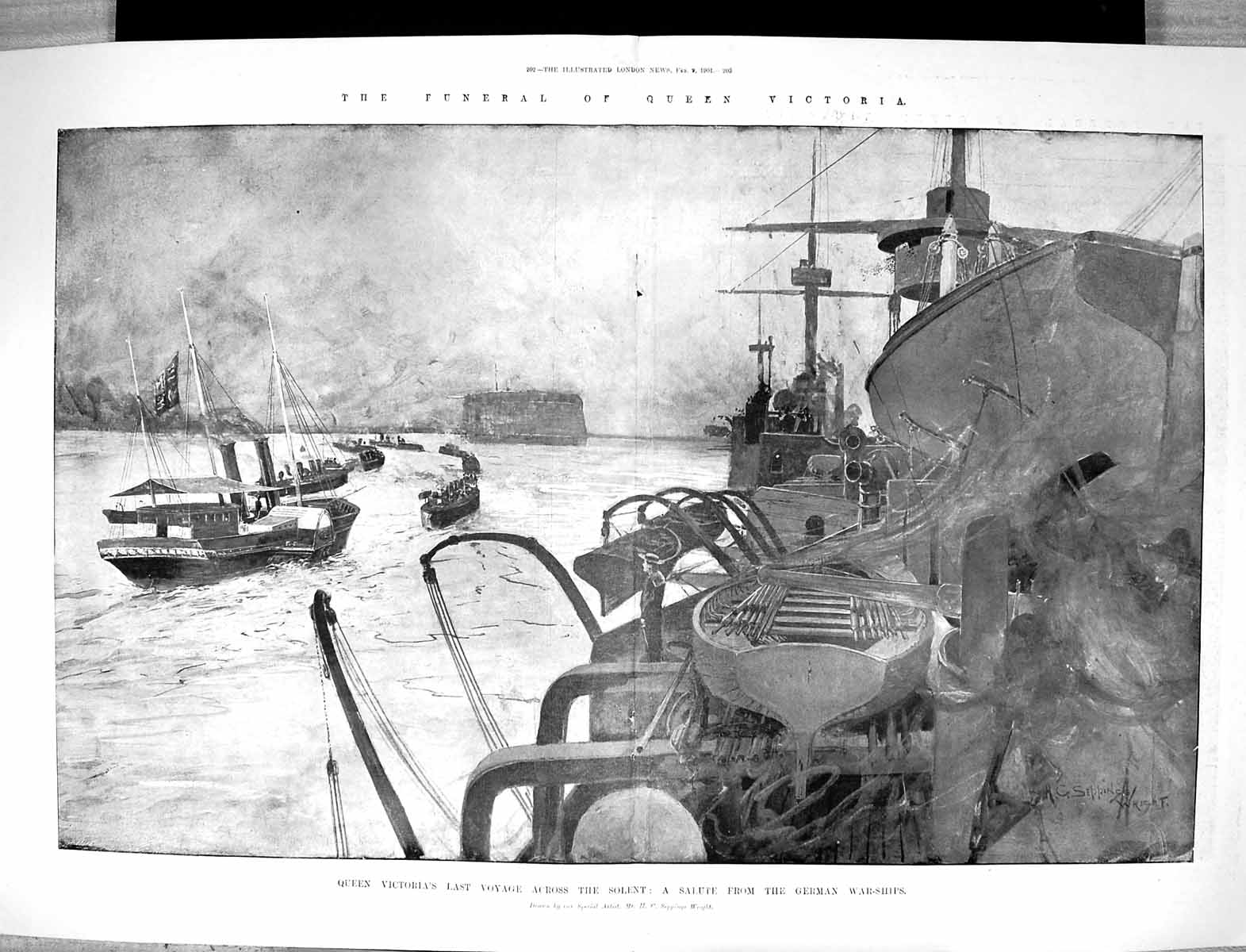 Original Old Antique Print 1901 Funeral Queen Victoria German War Ships Solent
