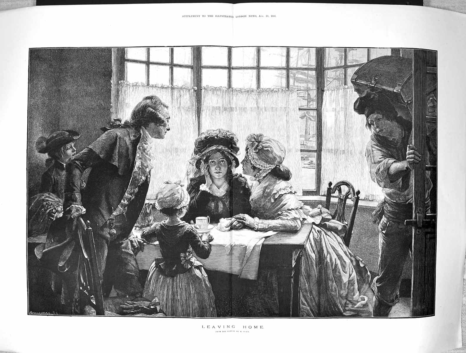 Original Old Antique Print 1884 Young Man Leaving Family Home Tea-Time Outin