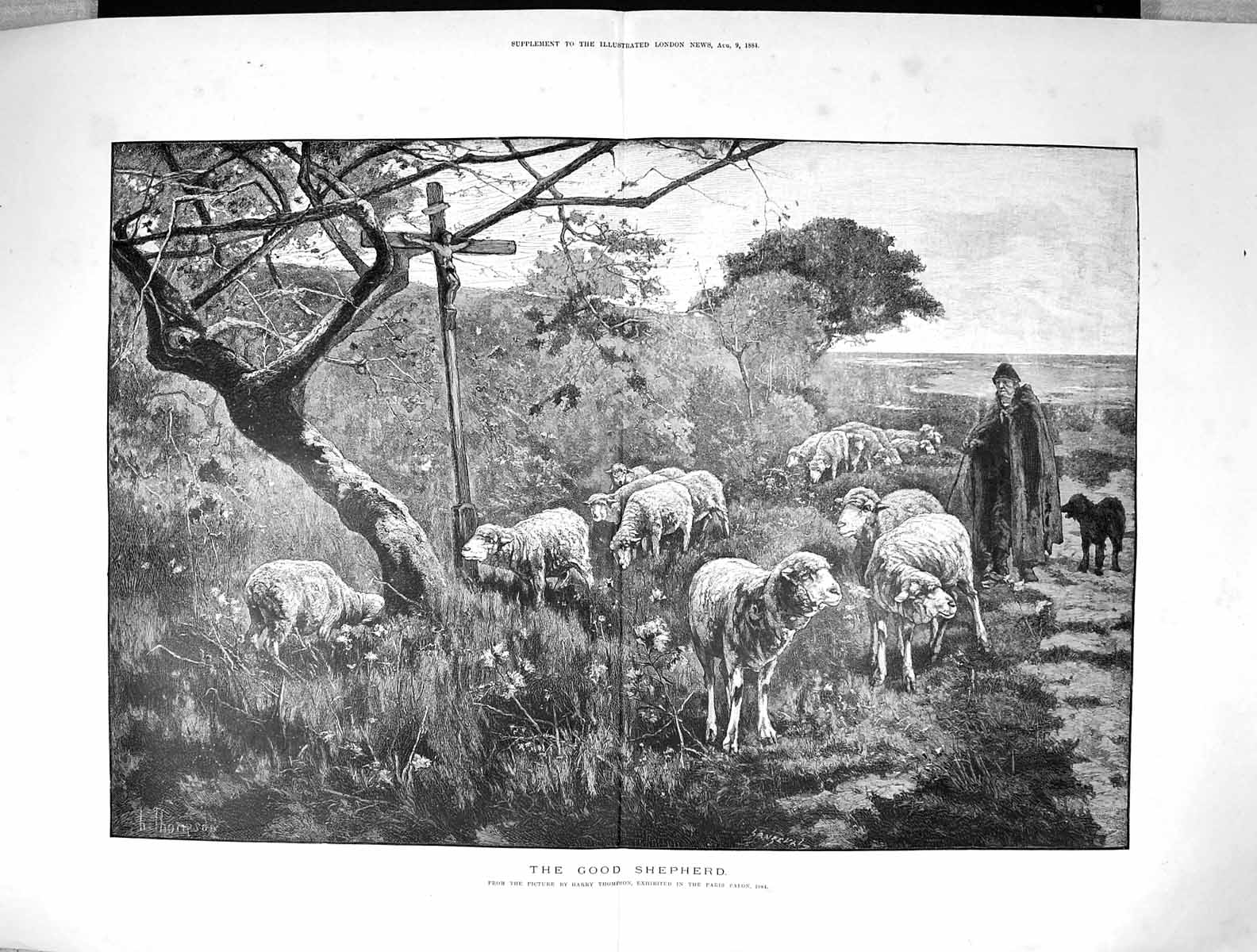 Antique Old Print 1884 Good Shepherd Man Sheep Dog Countryside Harry Thompson