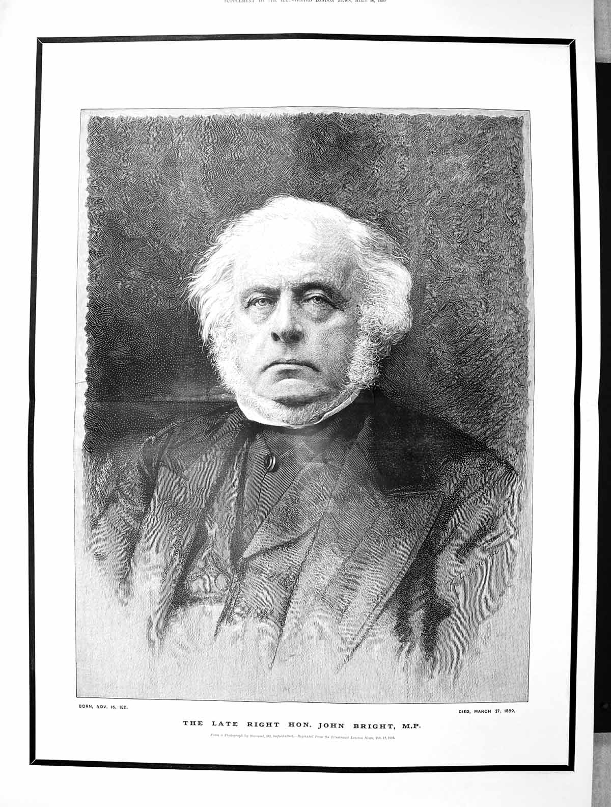 Original Old Antique Print 1889 Portrait John Bright Member Parliament Barraud