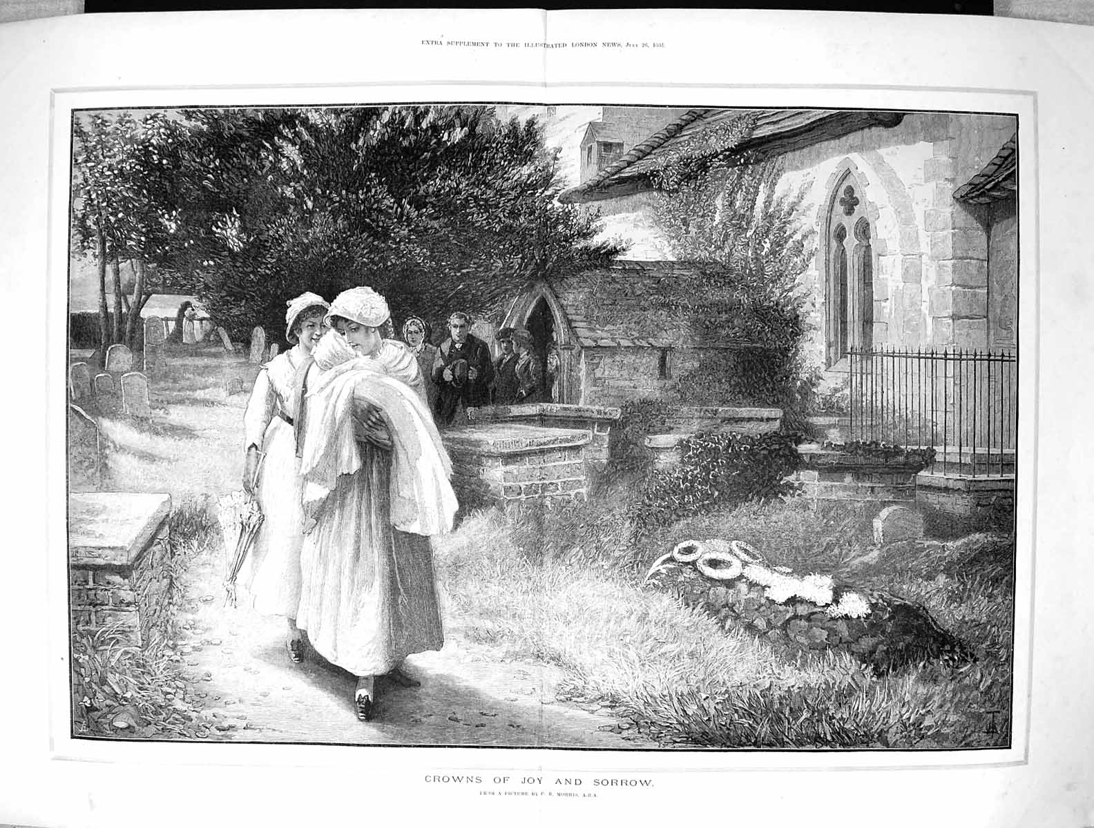 Old Antique Print 1884 Crowns Jow Sorrow Grave Christening Church Morris 19th