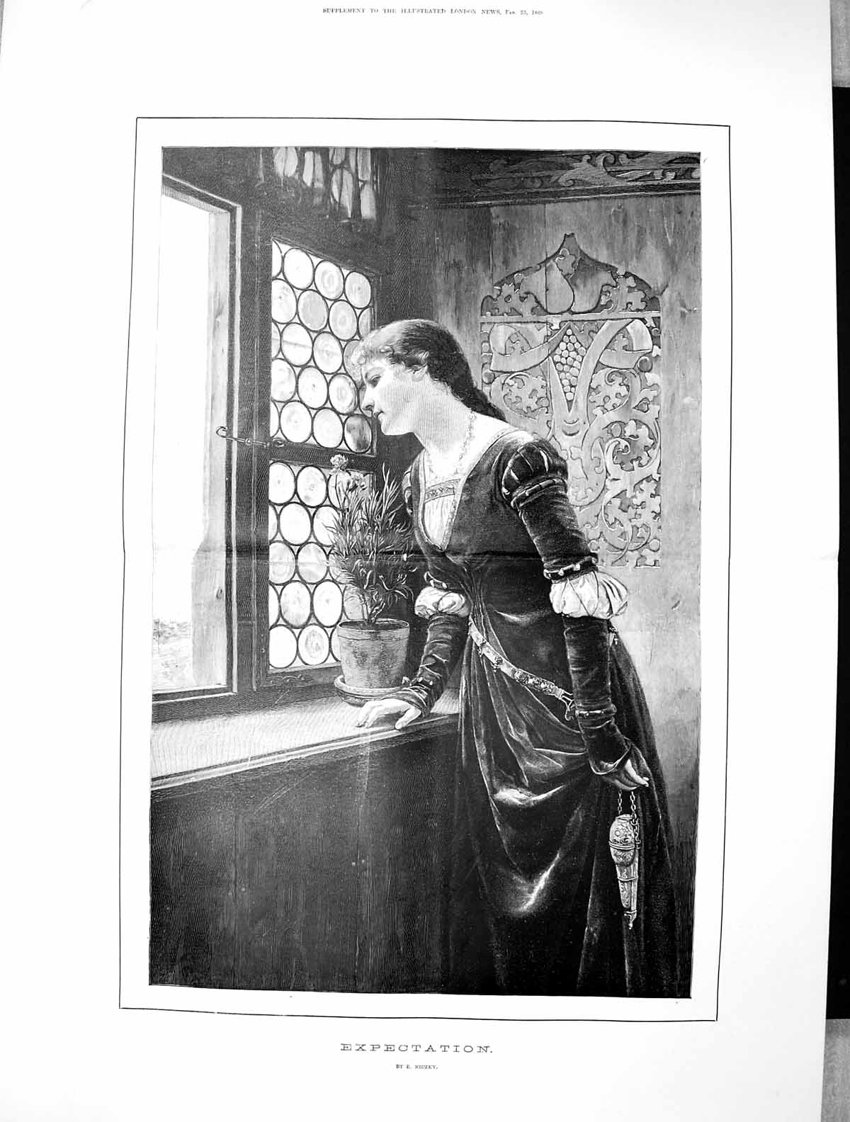 Antique Print 1889 Expectation Niczky Fine Art Beautiful Lady House Window 19th