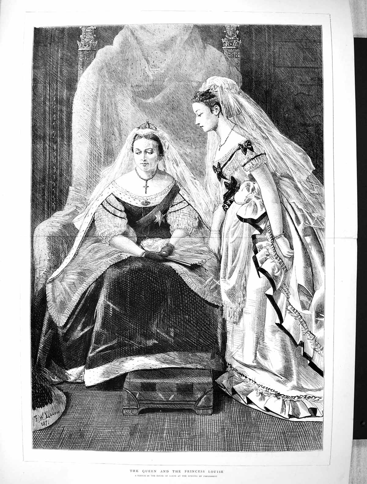 Antique Old Print C1880 Queen Princess Louise House Lords Opening Parliament
