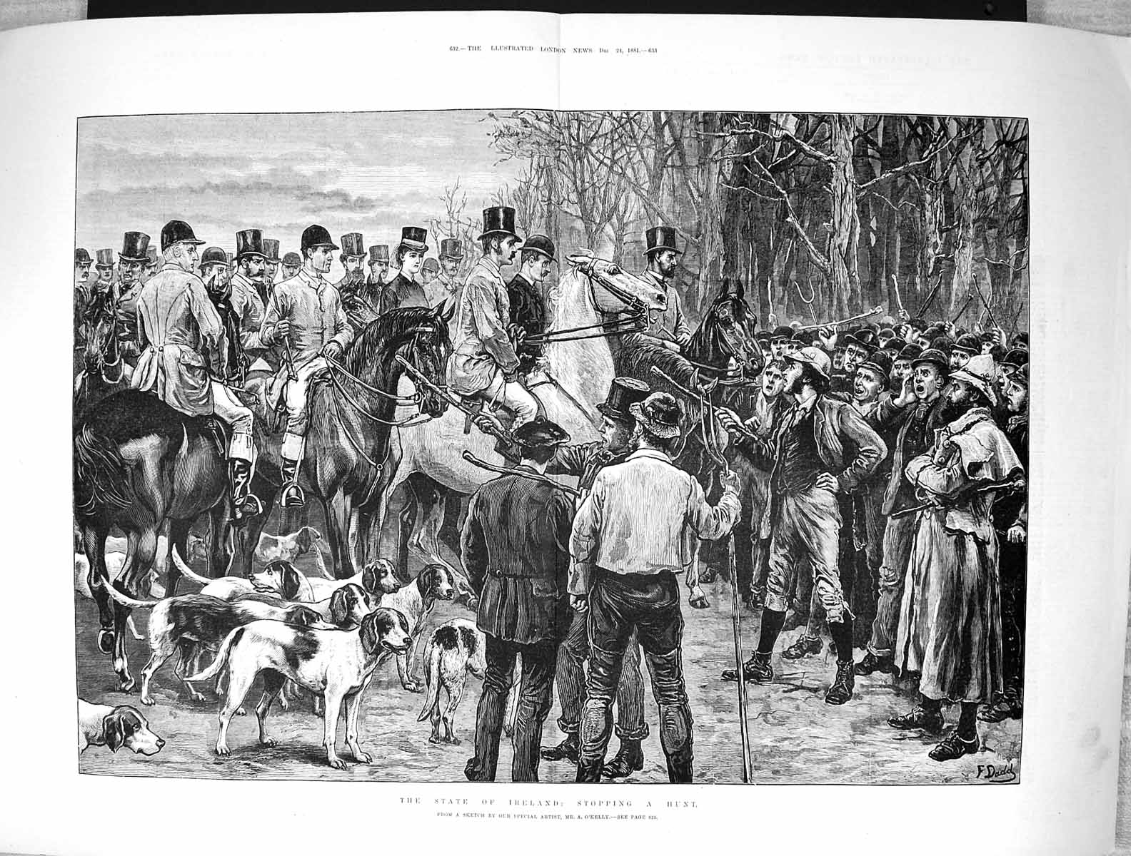 Old 1881 Ireland Demonstration Stopping Hunt Horses Huntsmen Hounds O Victorian