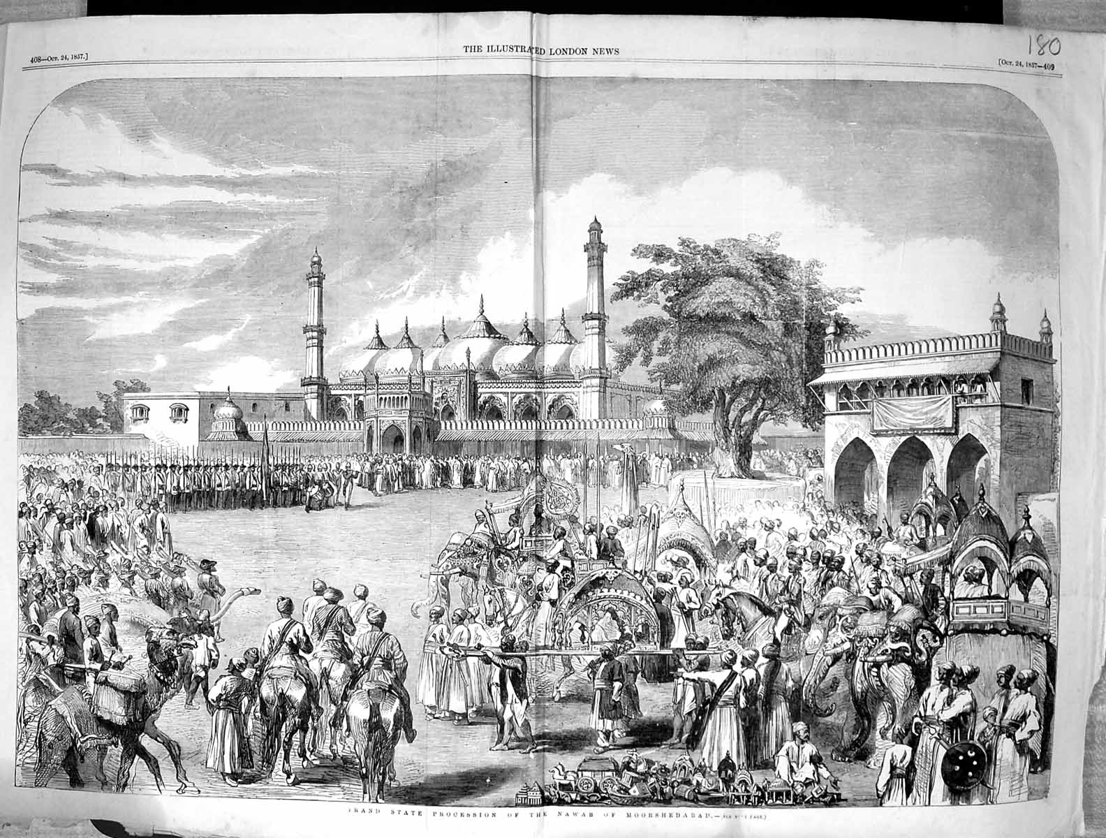 Old Antique Print Damaged 1857 Grand State Procession Nawab Moorshedabad 19th