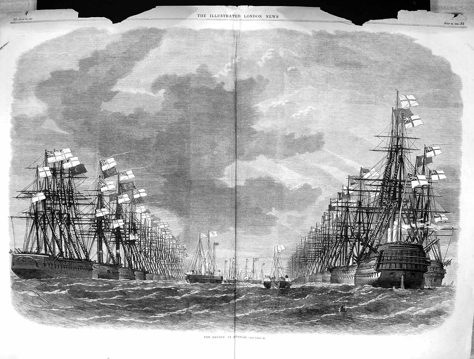 Original Old Antique Print Damaged 1867 War Battle Ships Review Spithead 19th