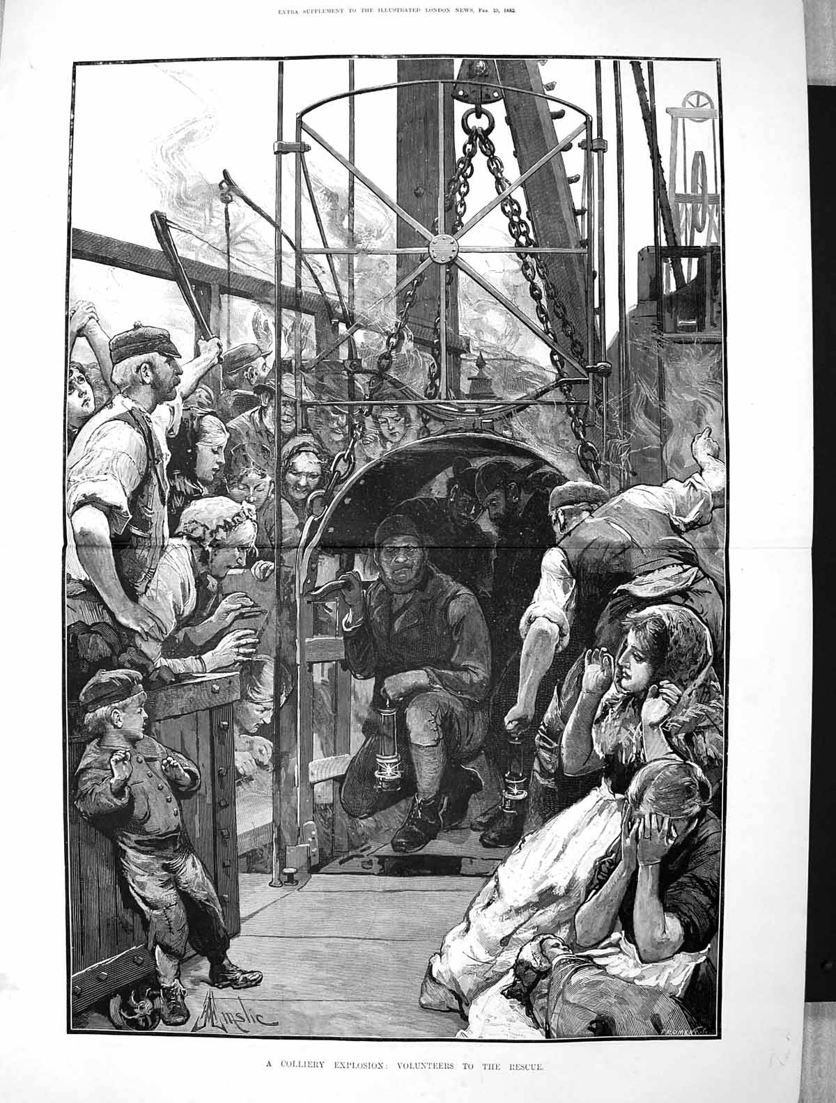 Old Print 1882 Colliery Explosion Volunteers Rescue Shaft Mining Fine Art 19th