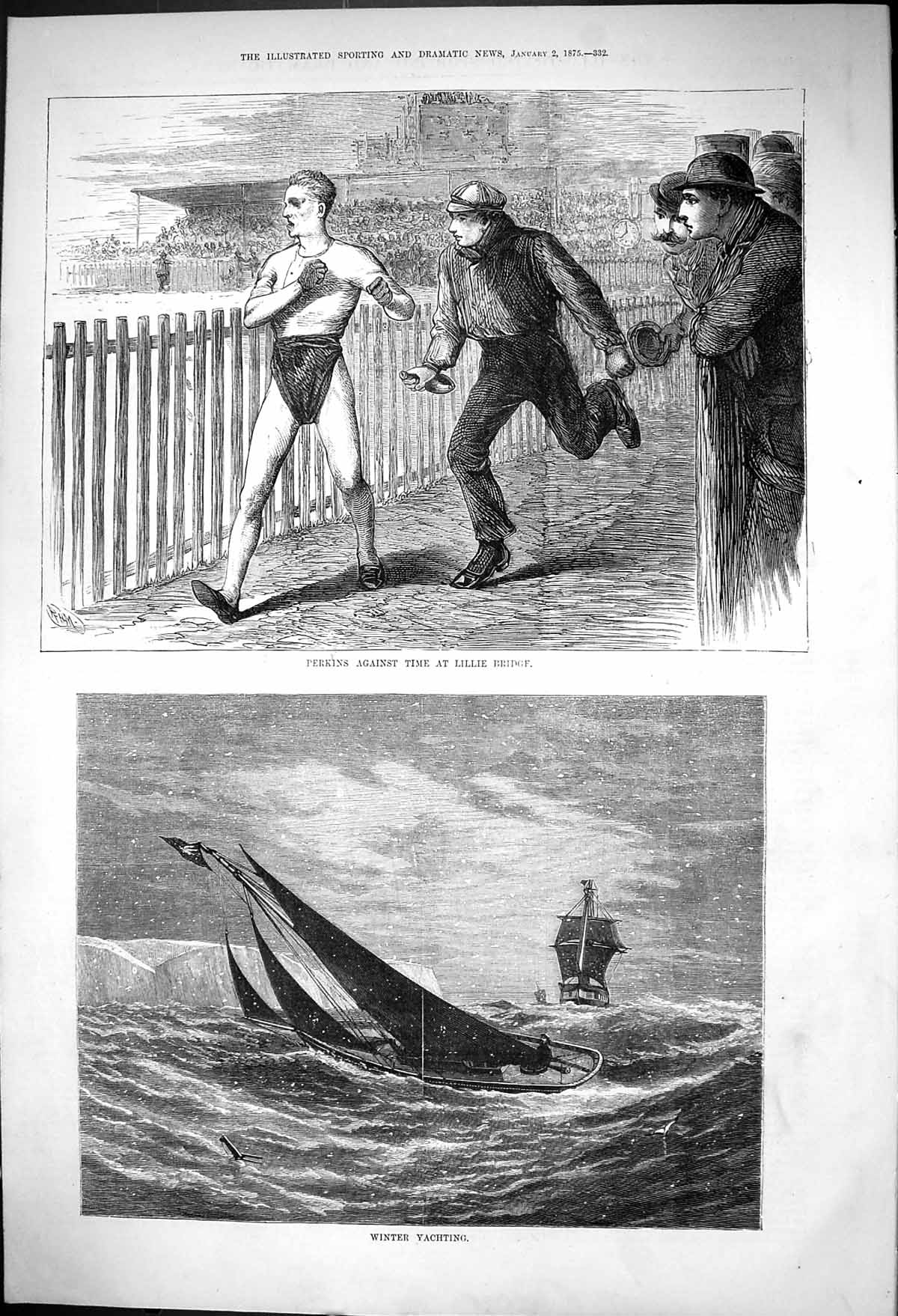 Old Print Perkins Against Time Lillie Bridge Racing Winter Yachting 1875 19th