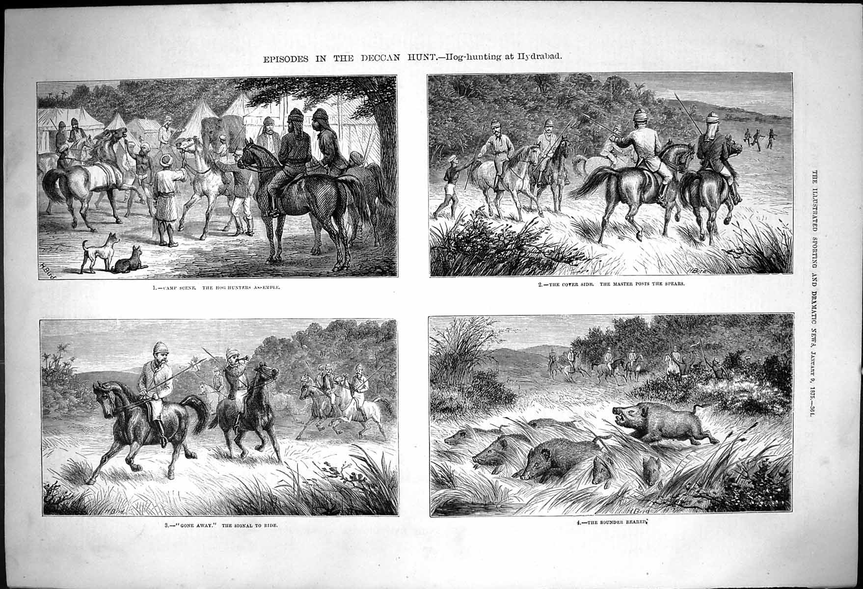 Antique Old Print Deccan Hunt Hog Hunting Hydrabad Master Spears Sounder 1875