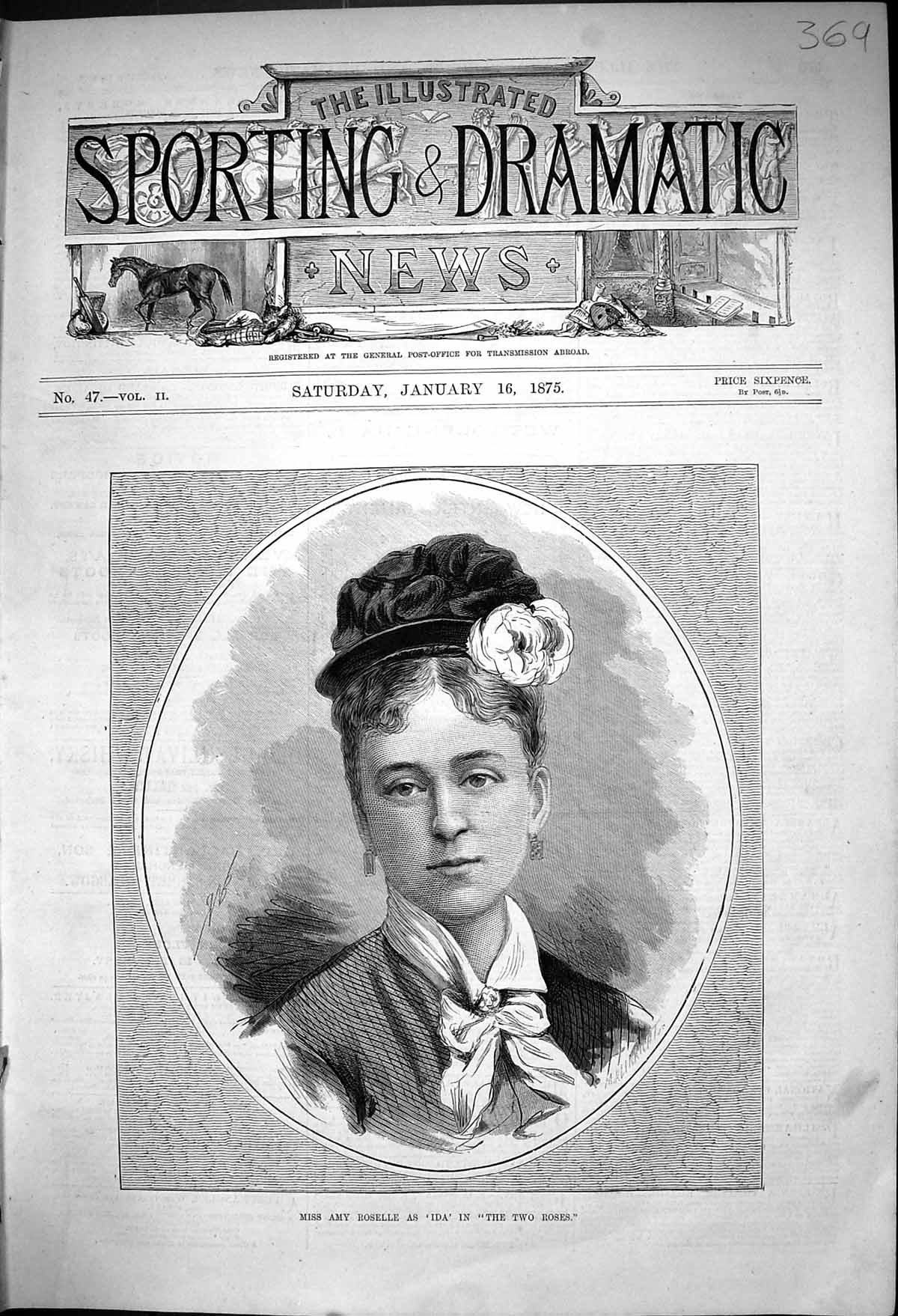 Original Old Antique Print Miss Amy Roselle As Ida Two Roses 1875 Victorian