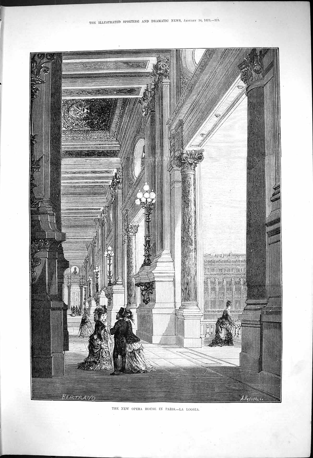 Original Old Antique Print New Opera House Paris La Loggia Bertrand 1875 19th
