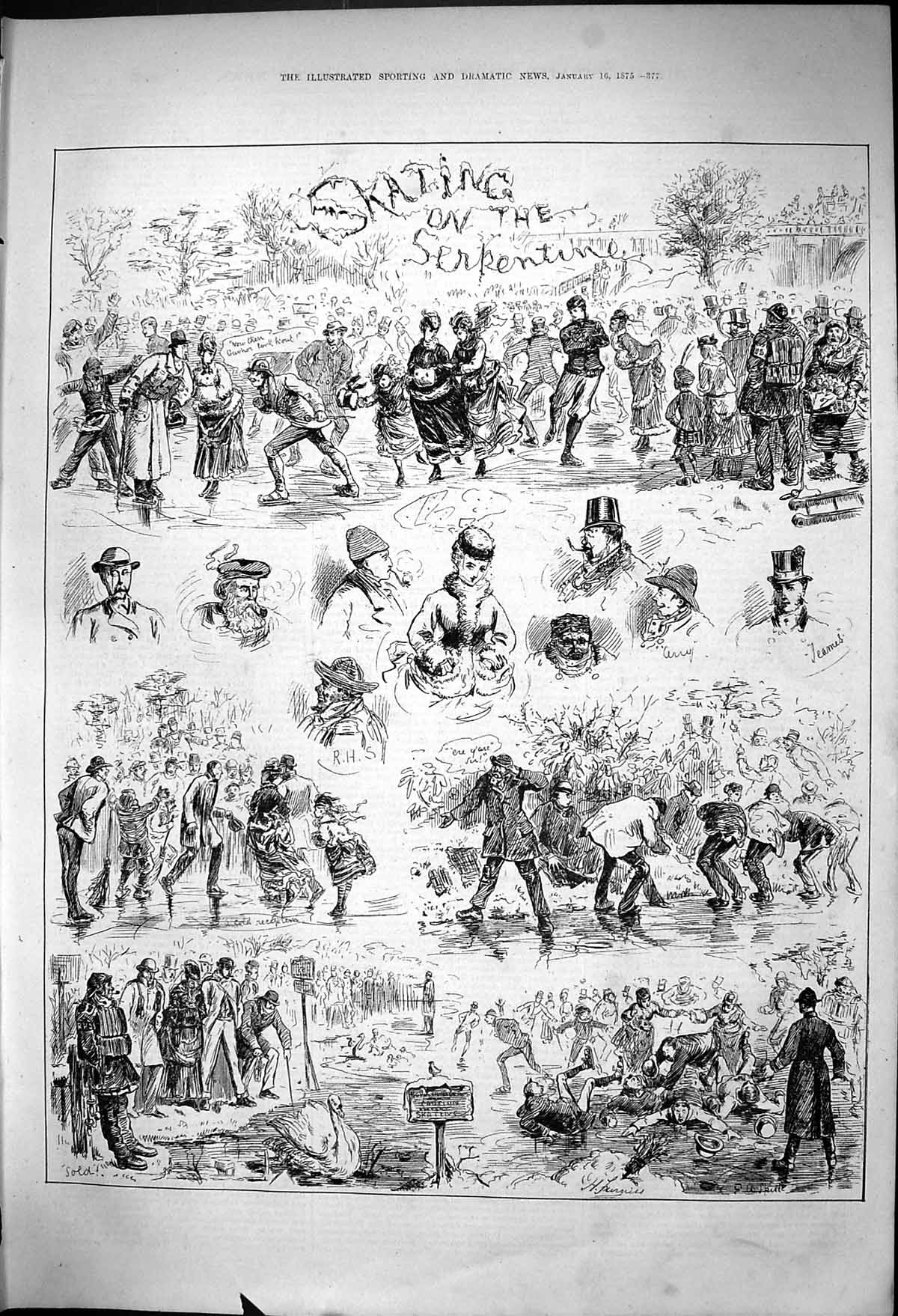Old Print Skating On Serpentine Crowds People Swan Lake Falling Ice 1875 19th