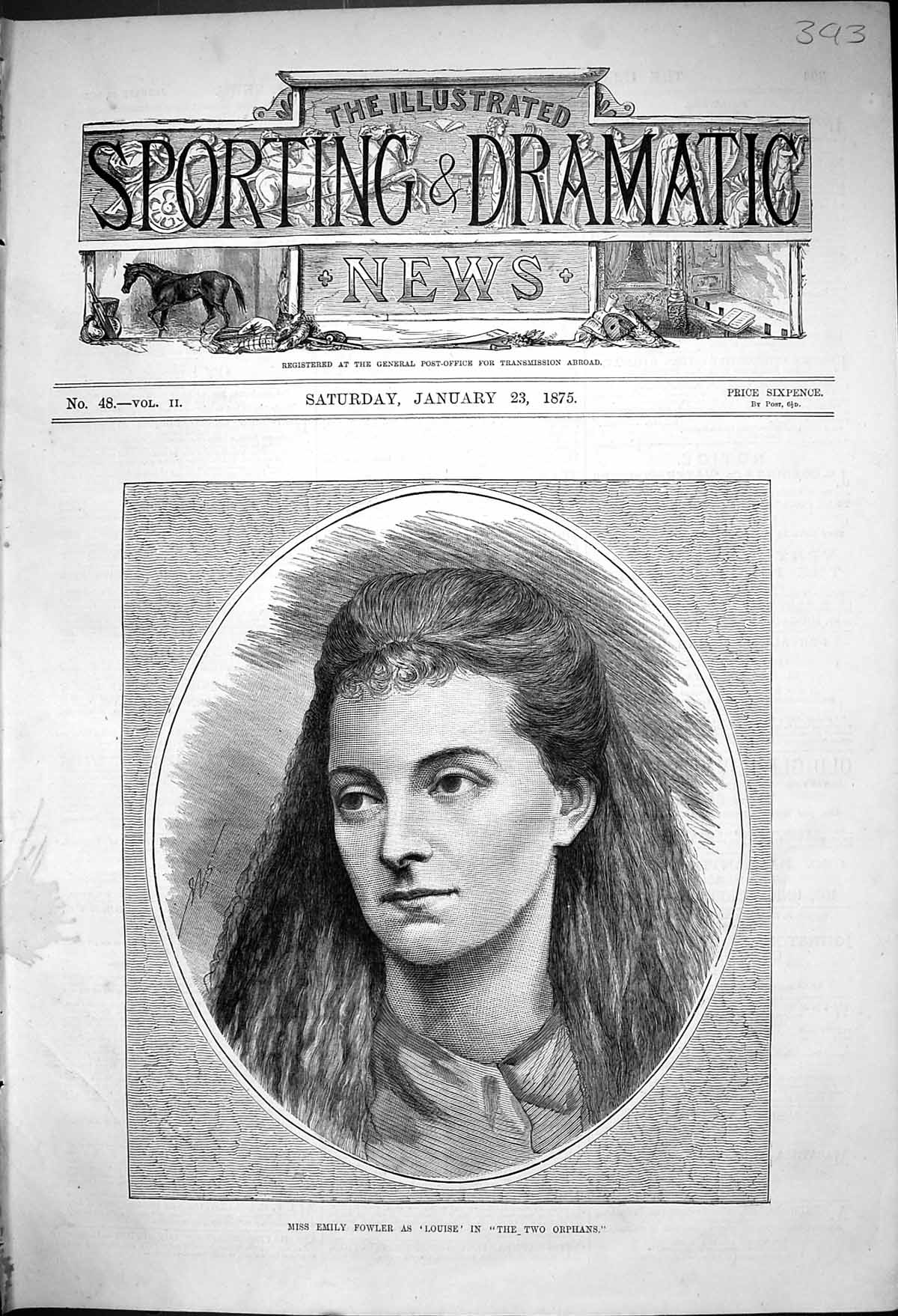 Original Old Antique Print Miss Emily Fowler As Louise In Two Orphans 1875 19th