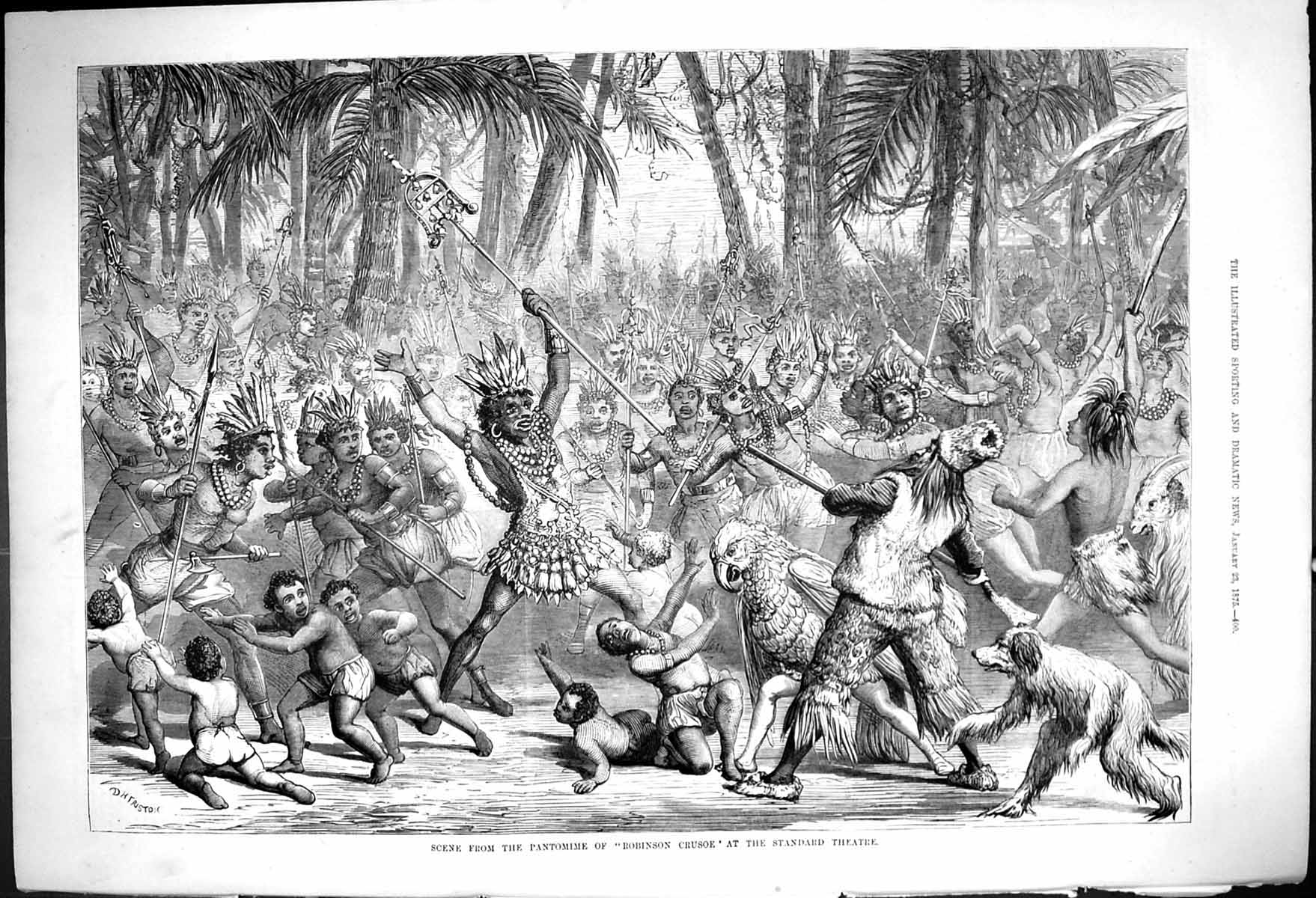 Old Antique Print Scene Pantomine Robinson Crusoe Standard Theatre 1875 19th