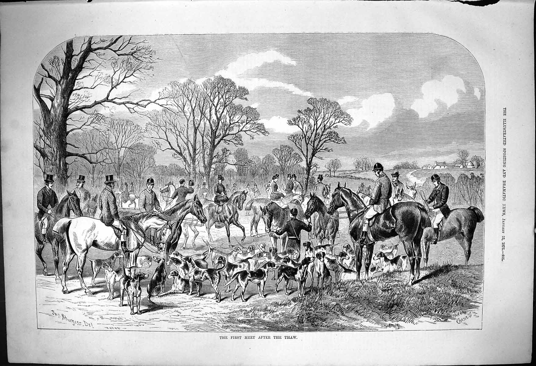 Antique Old Print First Meet After Thaw J Sturgess Riders Horses Hounds 1875