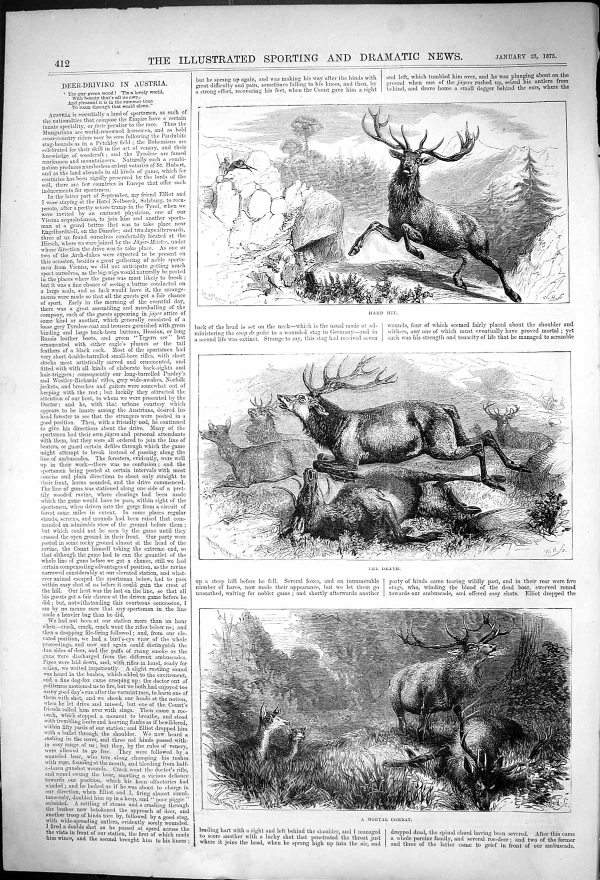 Old Antique Print Deer Driving Austria Hard Hit Death Mortal Combat 1875 19th