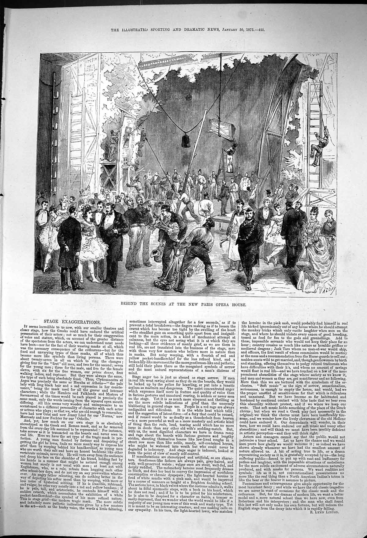 Old Antique Print Behind Scenes New Paris Opera House Ropes Ladders 1875 19th