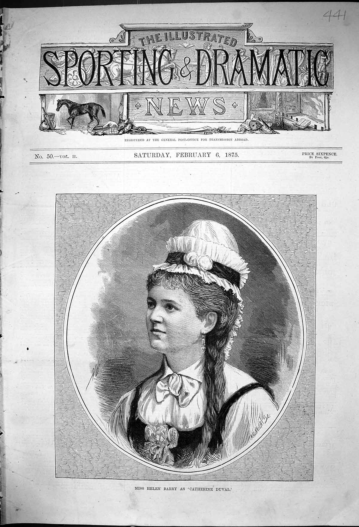 Original Old Antique Print Miss Helen Barry As Catherine Duval 1875 Victorian