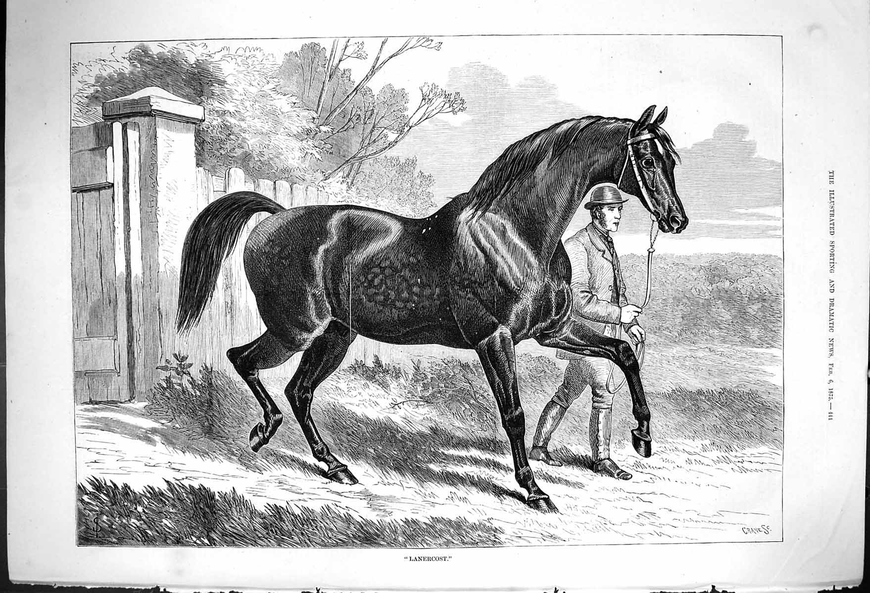 Original Old Antique Print Lanercost Gentleman Leading Horse Crane 1875 19th