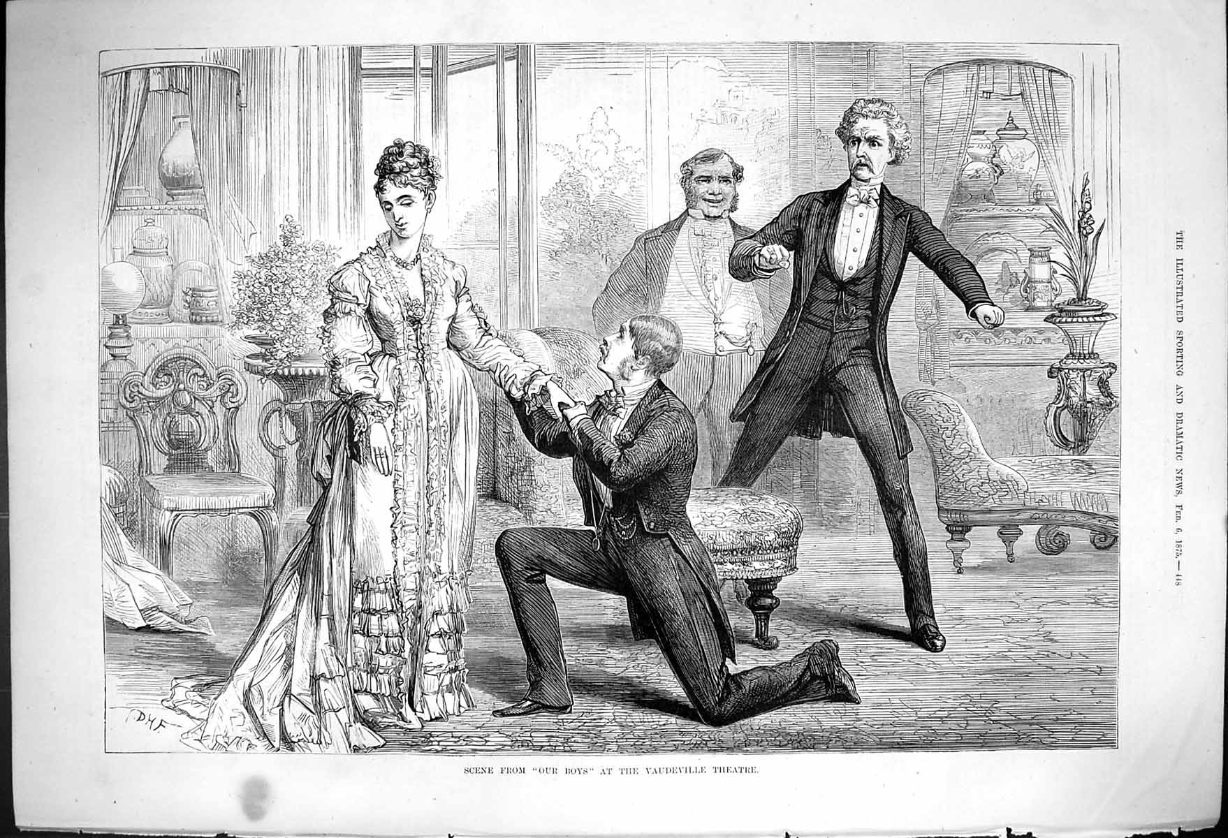 Antique Old Print Scene Our Boys Vaudeville Theatre Man Lady Bended Knee 1875