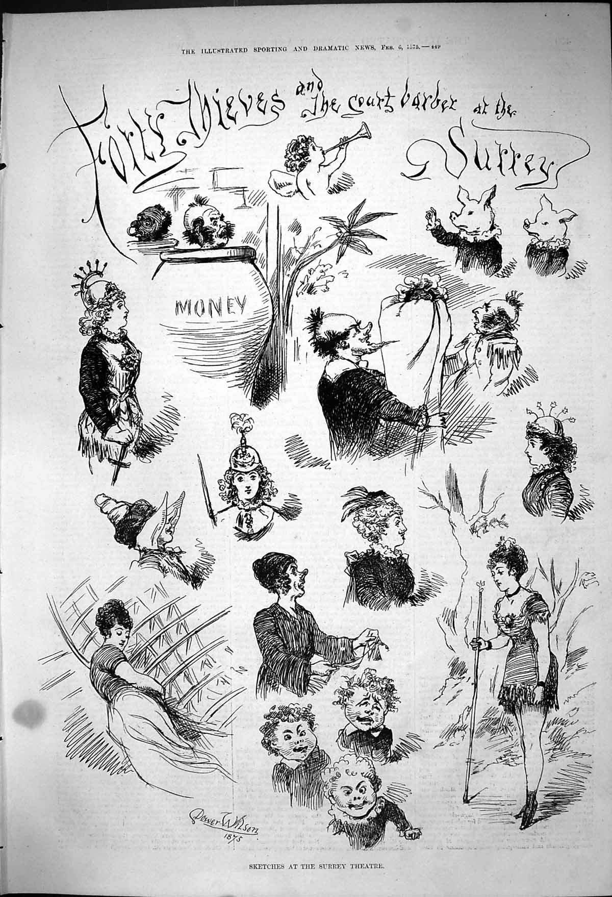 Antique Old Print Forty Thieves Court Barber Surrey Theatre Dower Wilson 1875