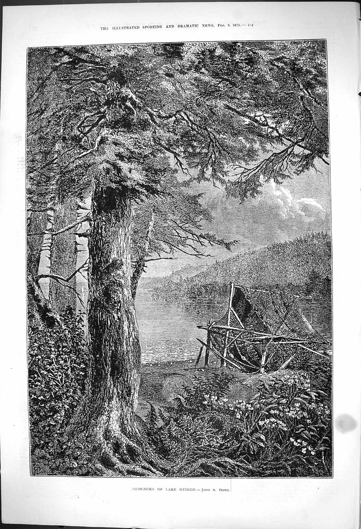 Original Old Antique Print Hemlocks Lake Otsego John A Hows Nets 1875 Victorian