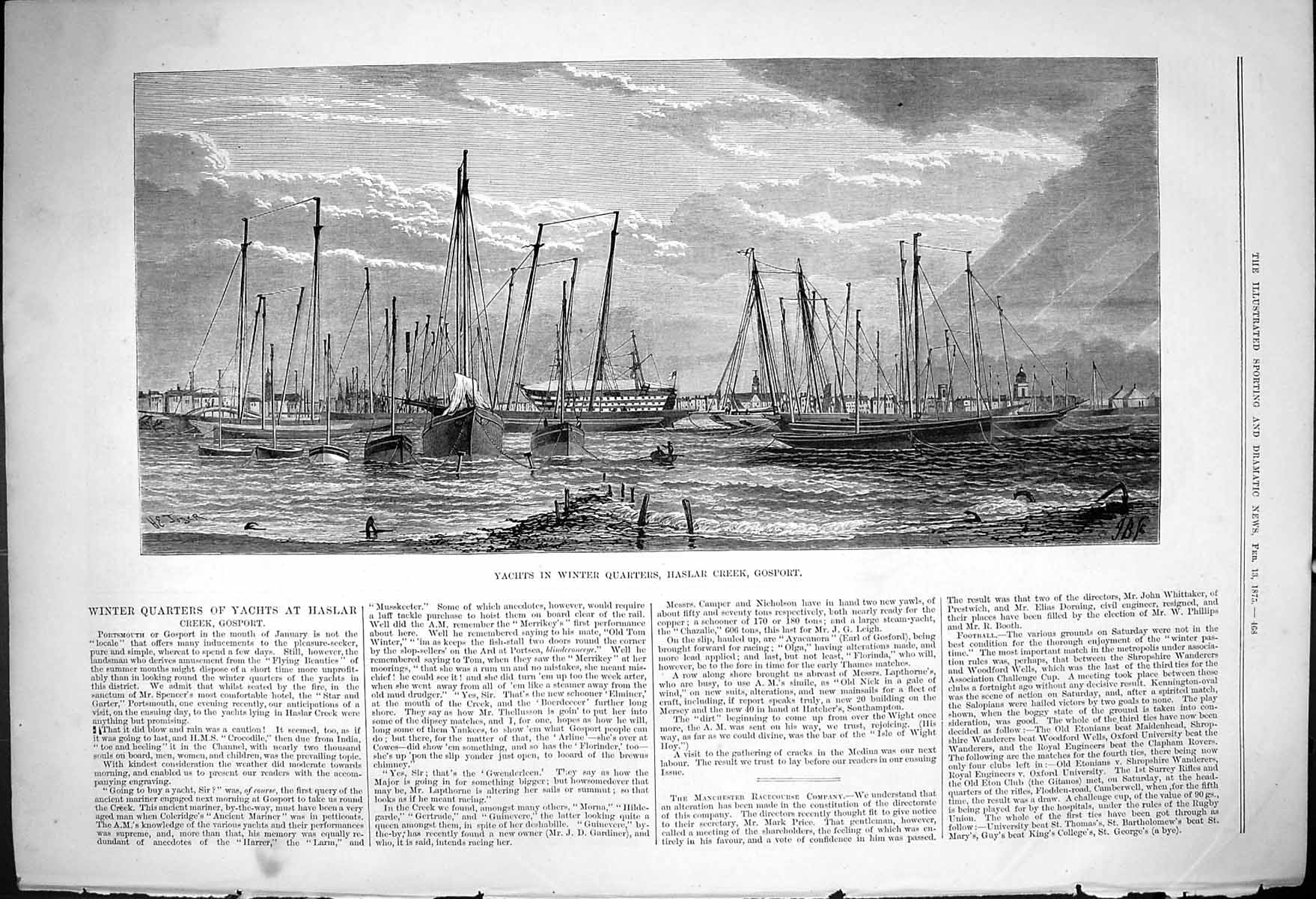 Original Old Antique Print Yachts In Winter Quarters Haslar Creek Gosport 1875