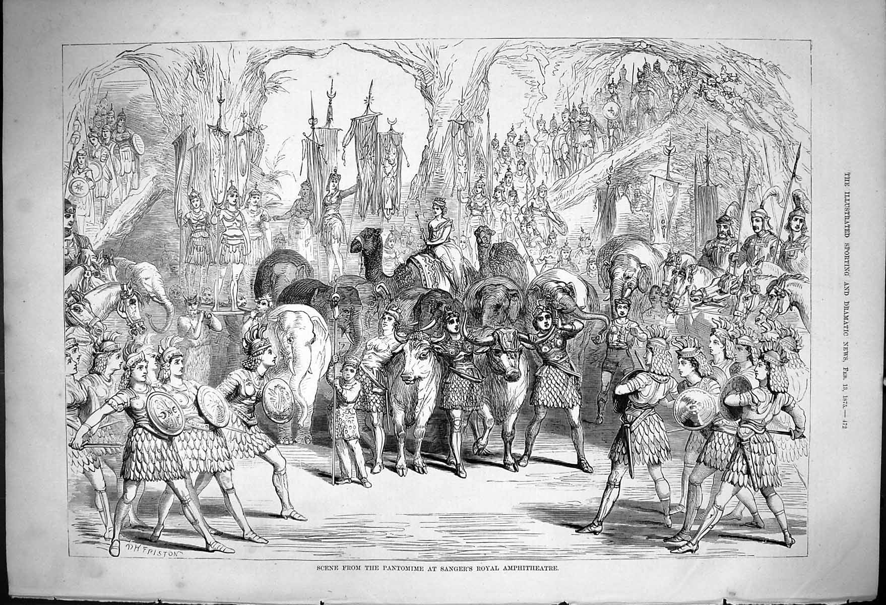 Original Old Antique Print Scene Pantomine Sangers Royal Amphitheatre 1875 19th