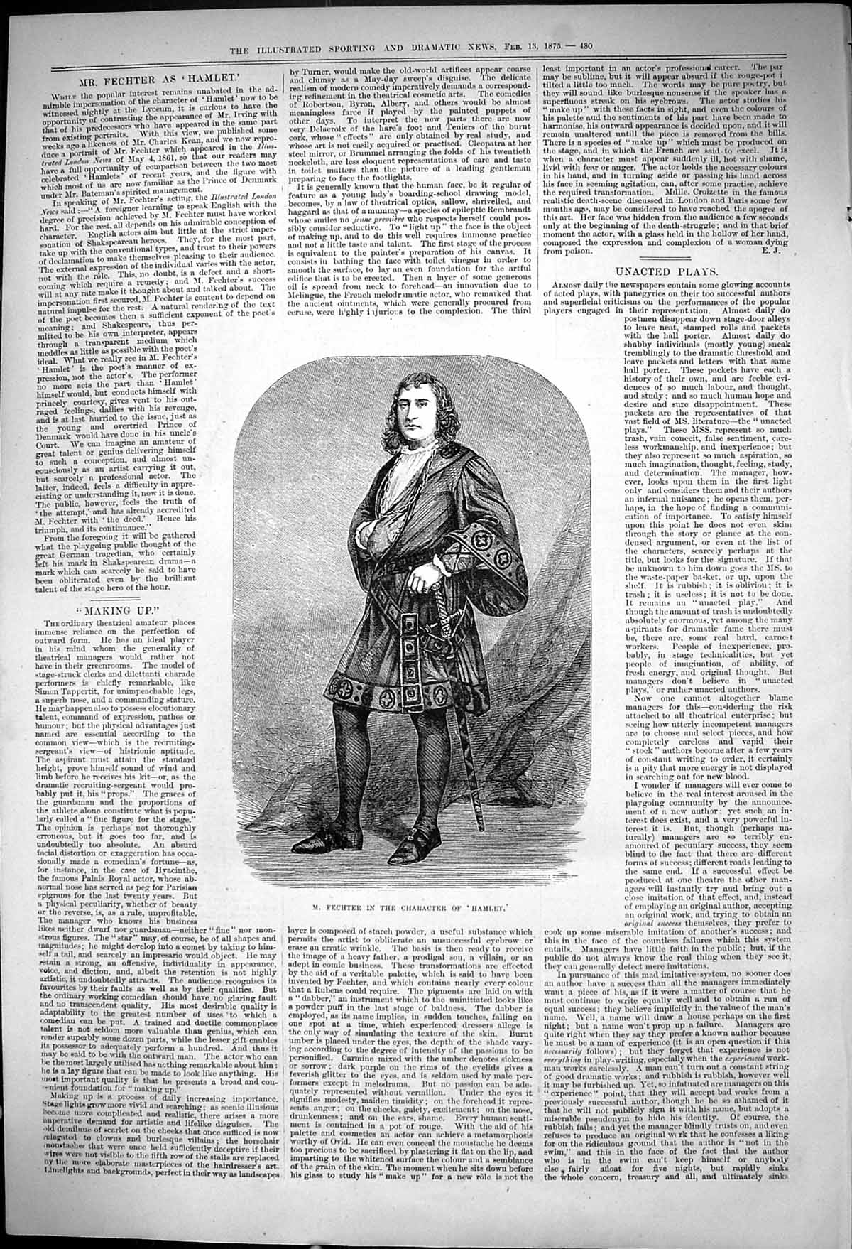 Original Old Antique Print Mr M Fetcher Character Hamlet 1875 19th