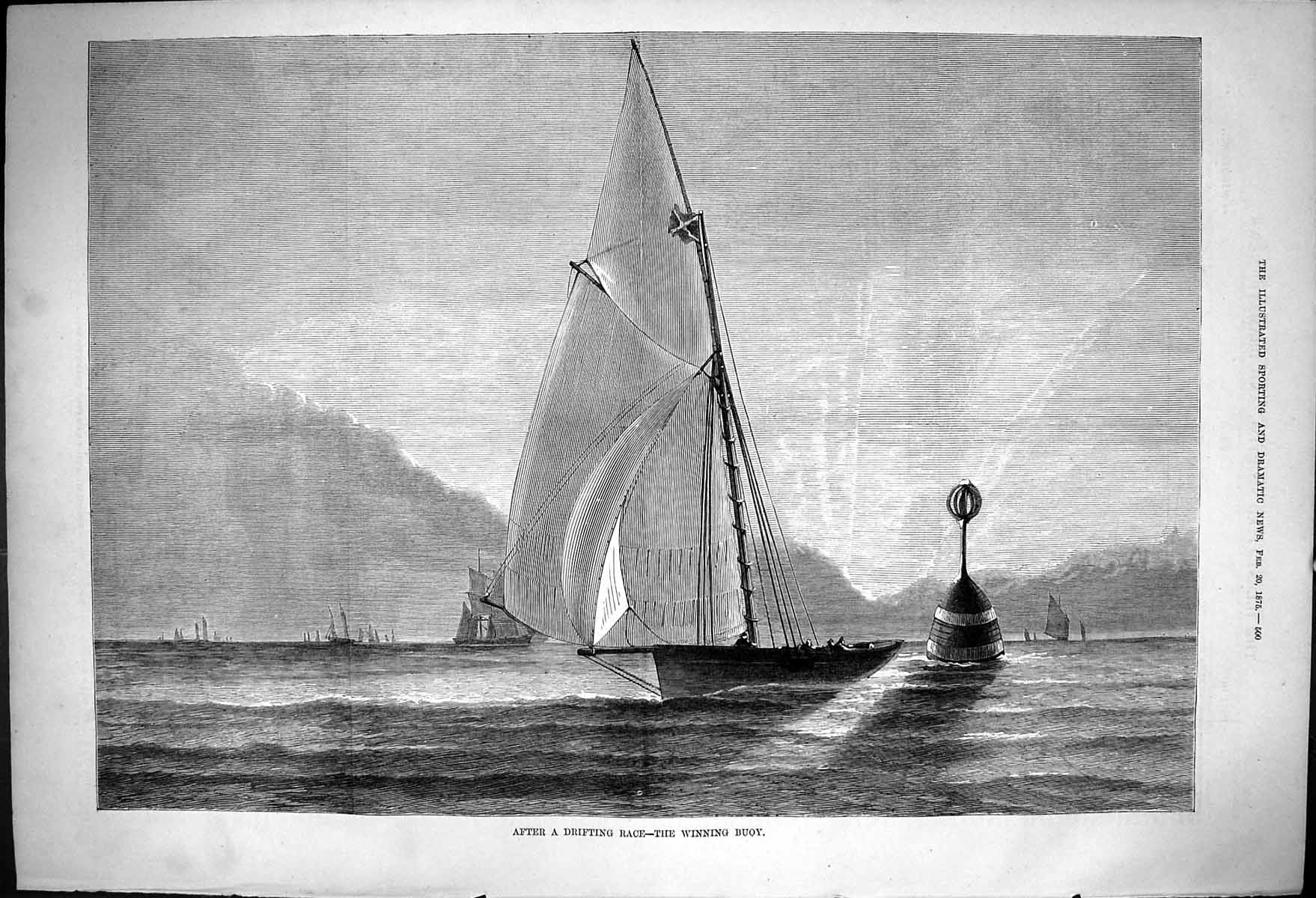Original Old Antique Print After A Drifting Race Winning Buoy Yachts 1875 19th
