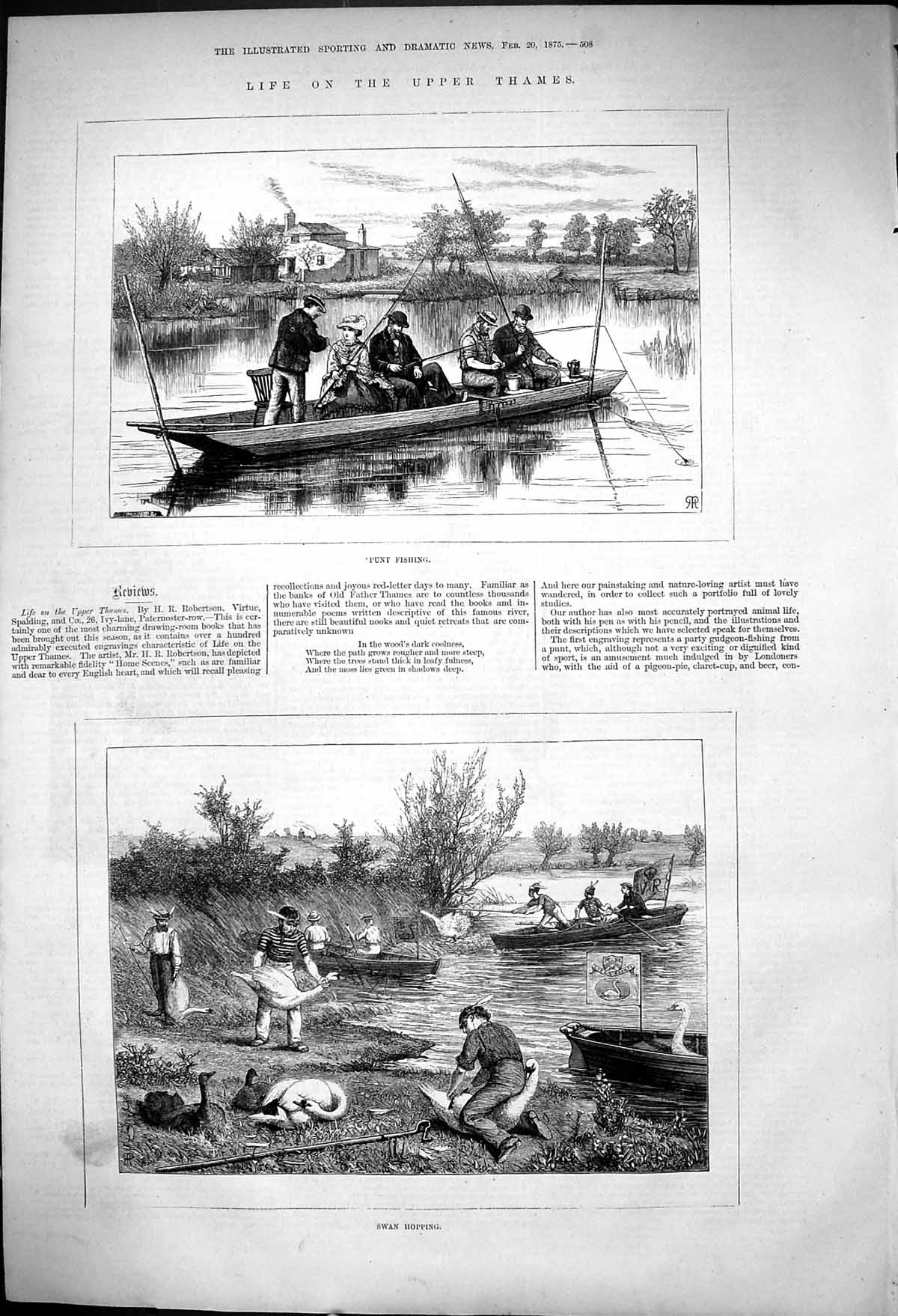 Original Old Antique Print Life Upper Thames Punt Fishing Swan Hopping 1875