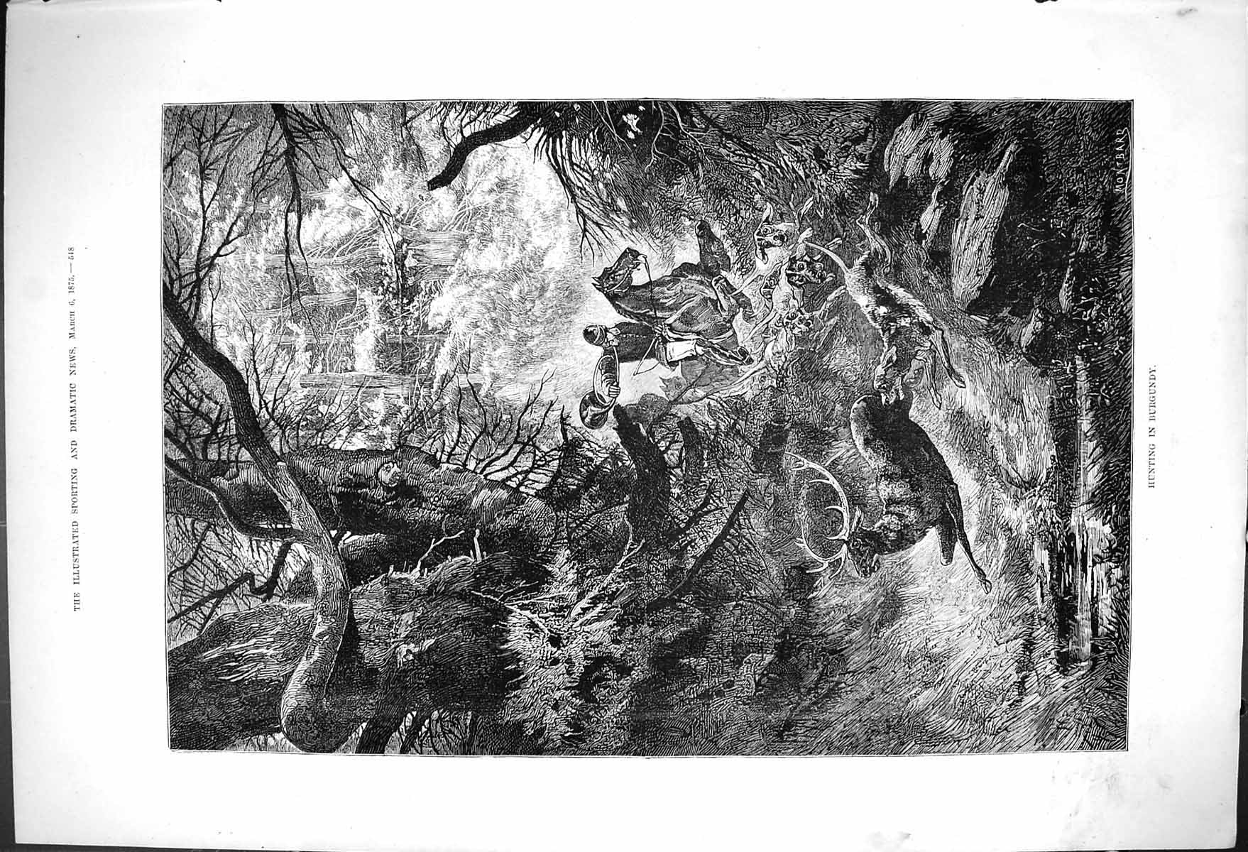 Antique Old Print Hunting Burgundy Deer Horse Dogs Rider Trumpet Chess 1875