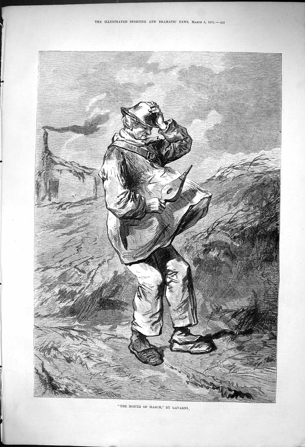 Old Antique Print Month March Gavarni Man Bellows Blown Strong Wind 1875 19th