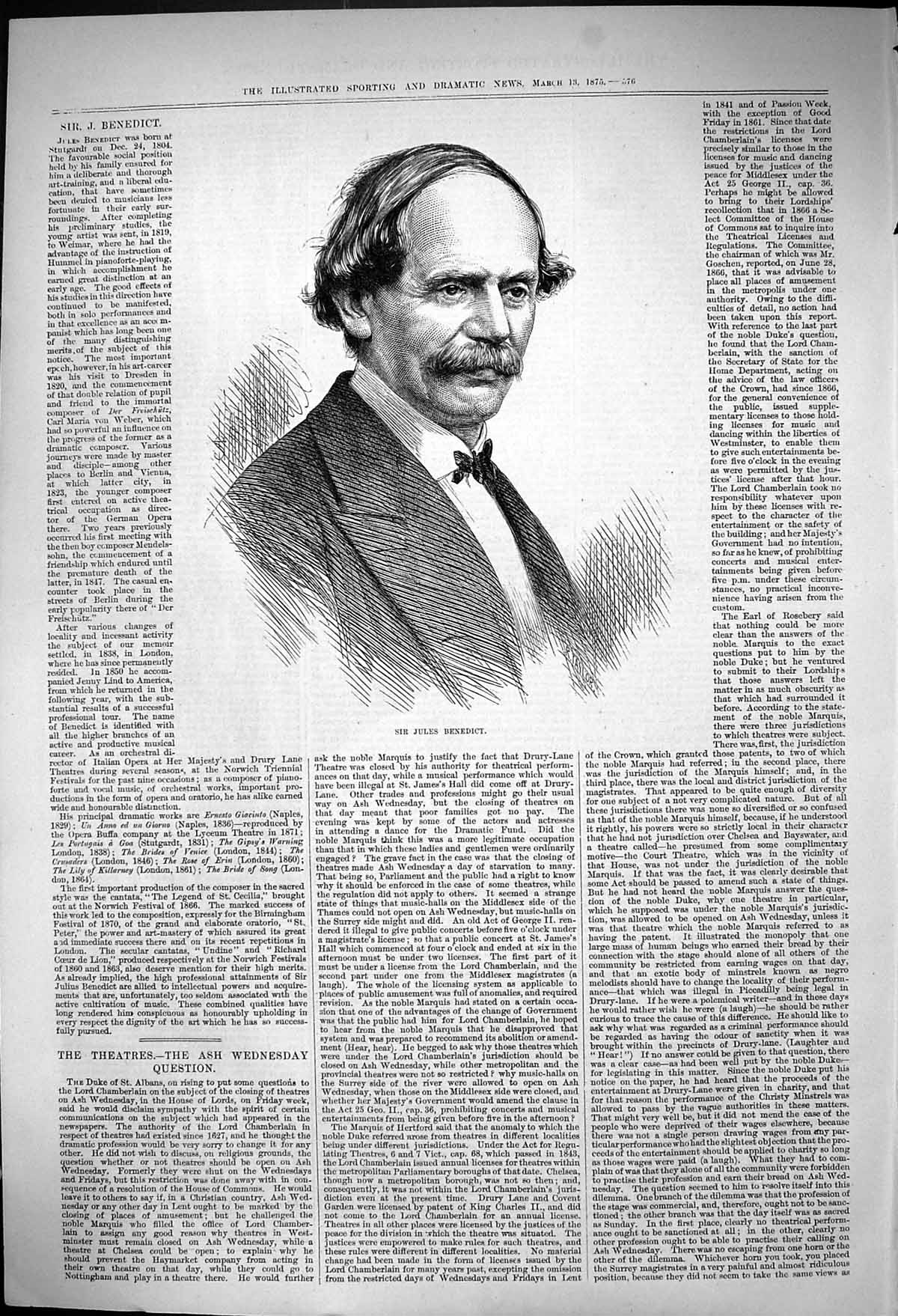 Original Old Antique Print Sir Jules Benedict Artist Born Stutgardt 1804 1875
