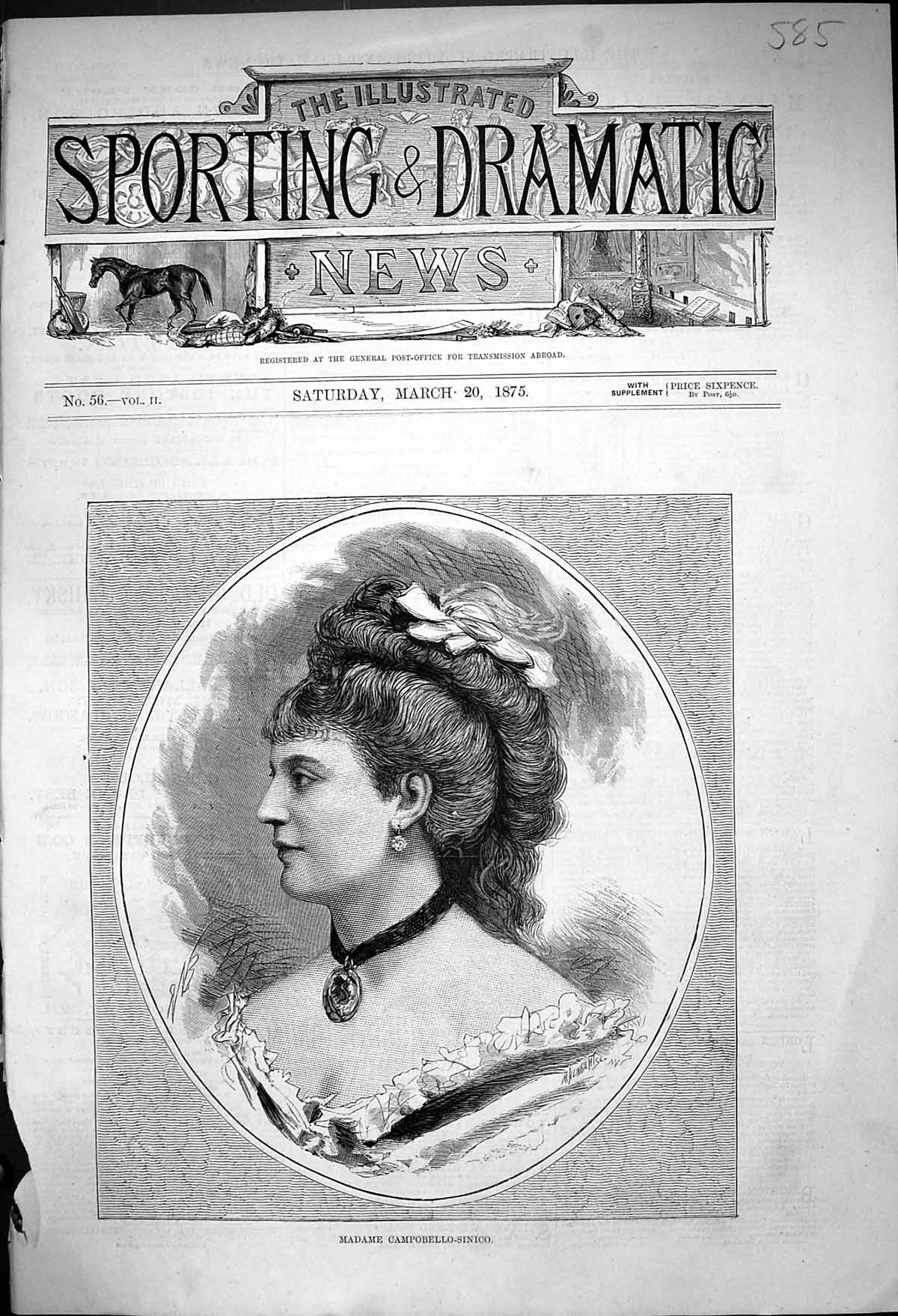 Original Old Antique Print Portrait Madame Campobello-Sinico 1875 Victorian