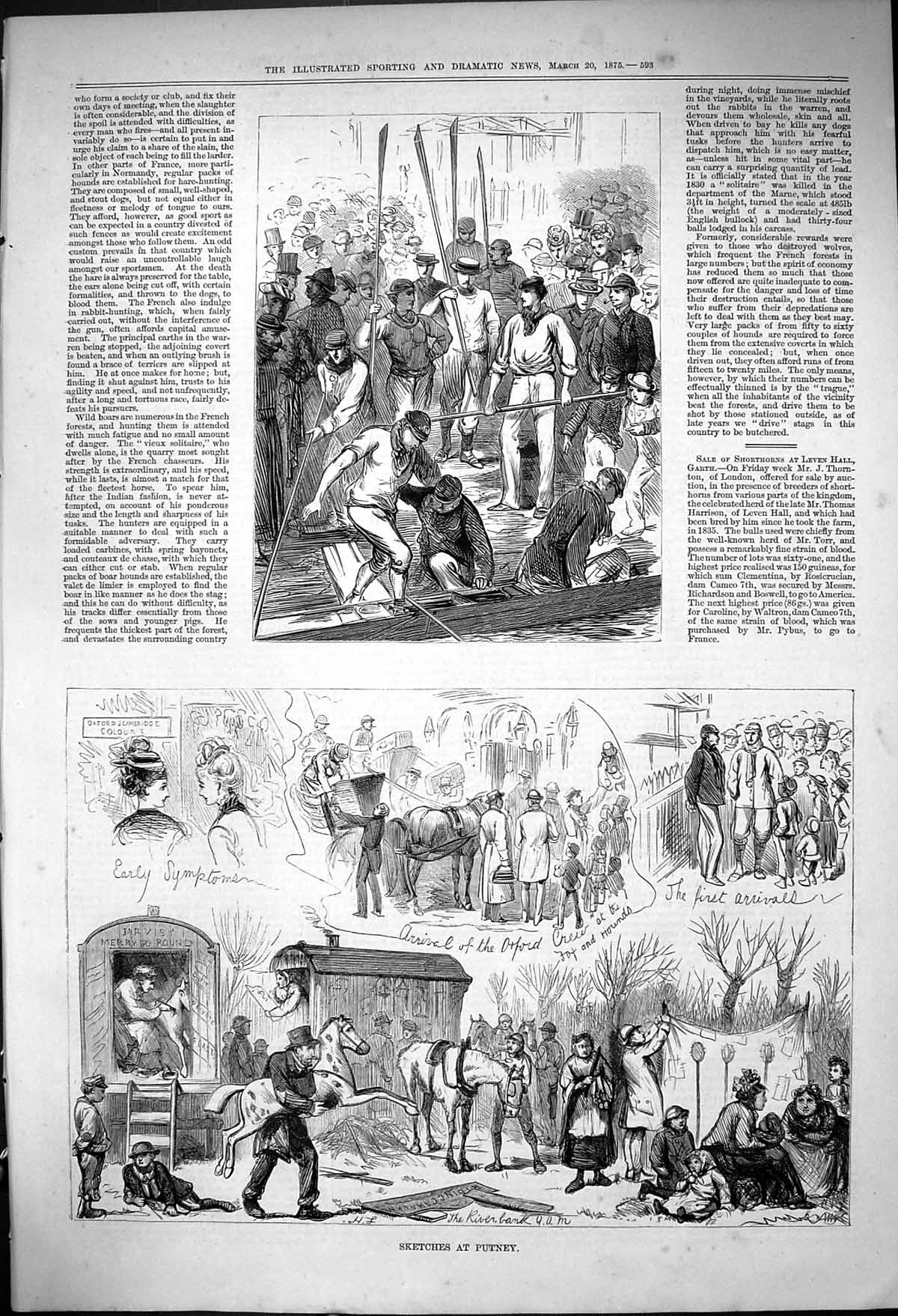 Old Print Oxford Cambridge Boat Race Sketches Putney Riding Caravan 1875 19th