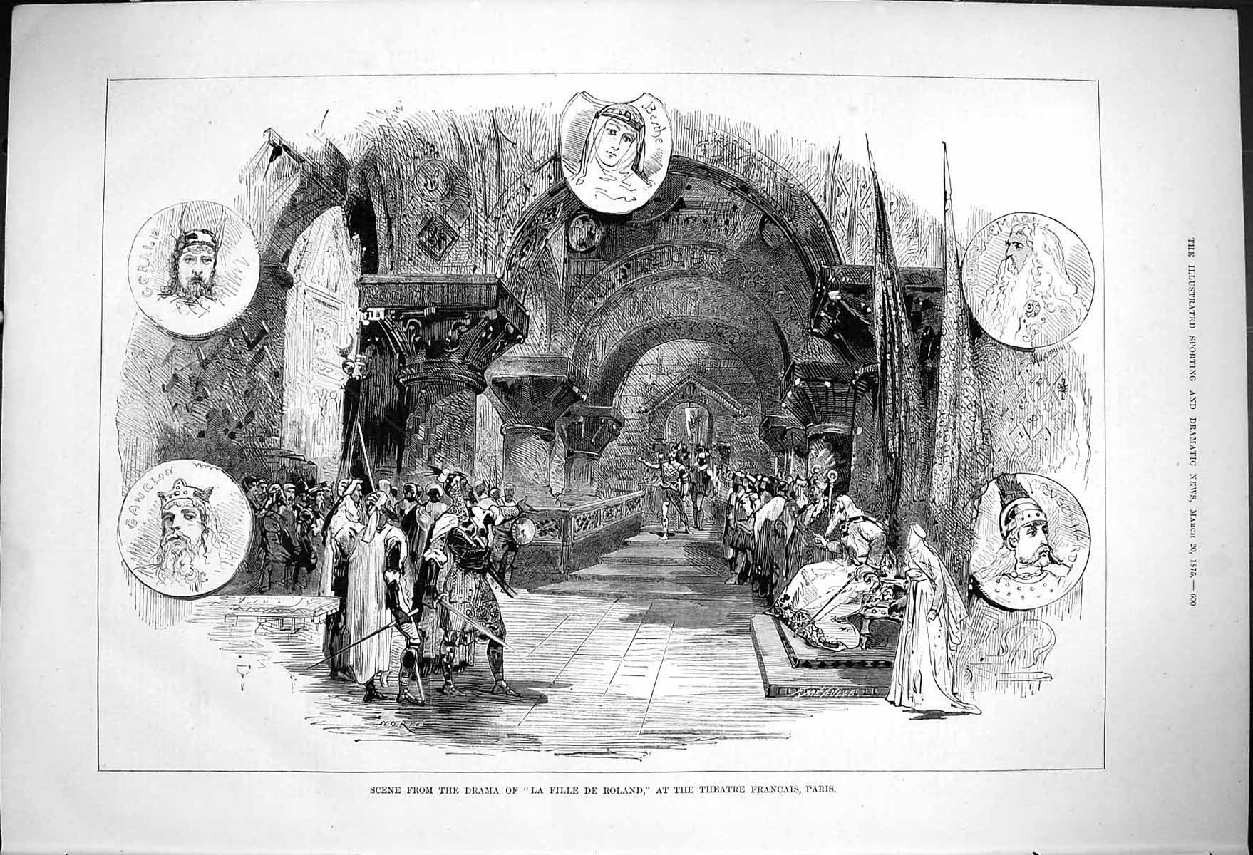 Antique Old Print Scene Drama La Fille De Roland Theatre Francais Paris 1875