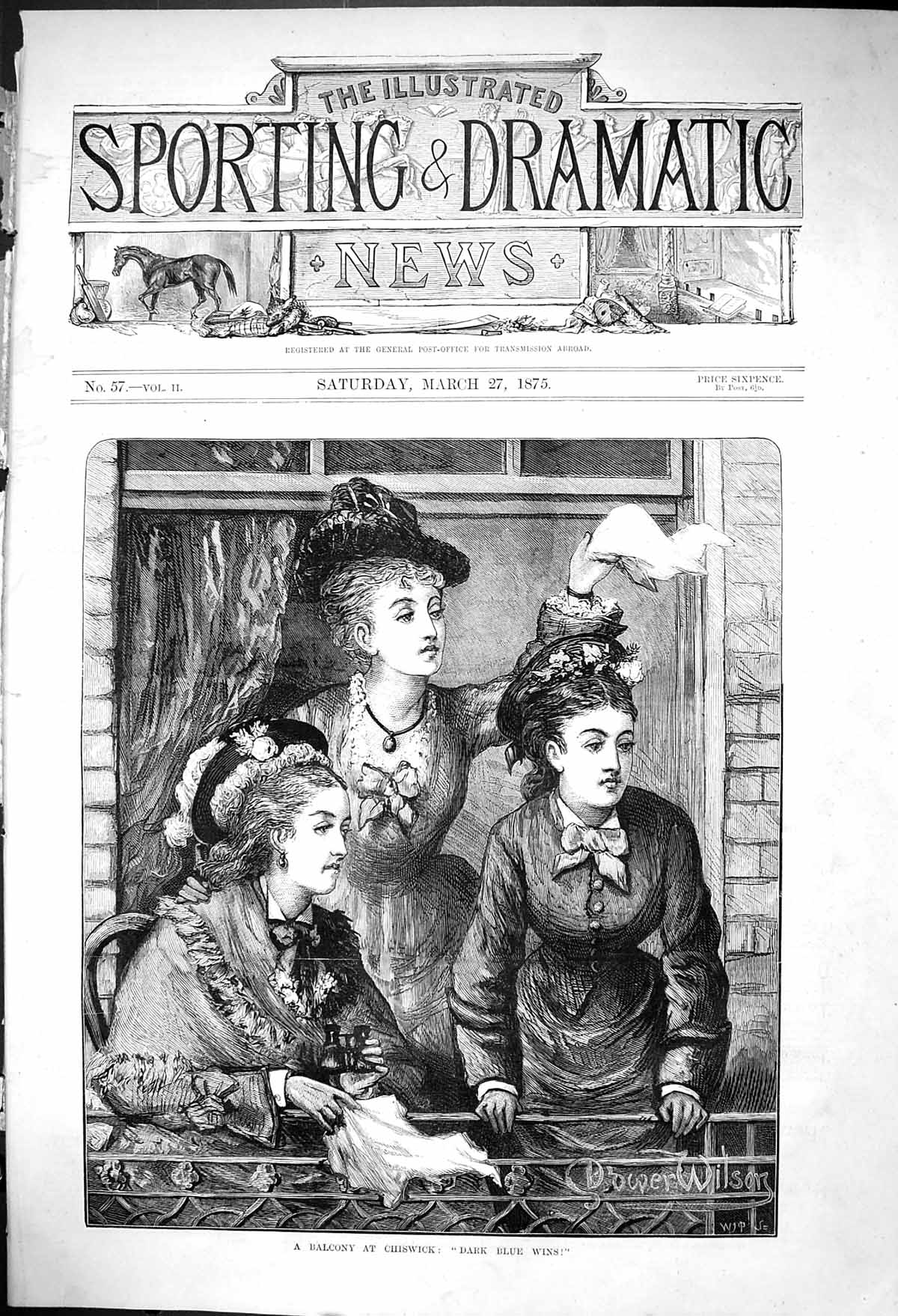 Old Print Balcony Chiswick Dark Blue Wins Dower Wilson Three Ladies 1875 19th