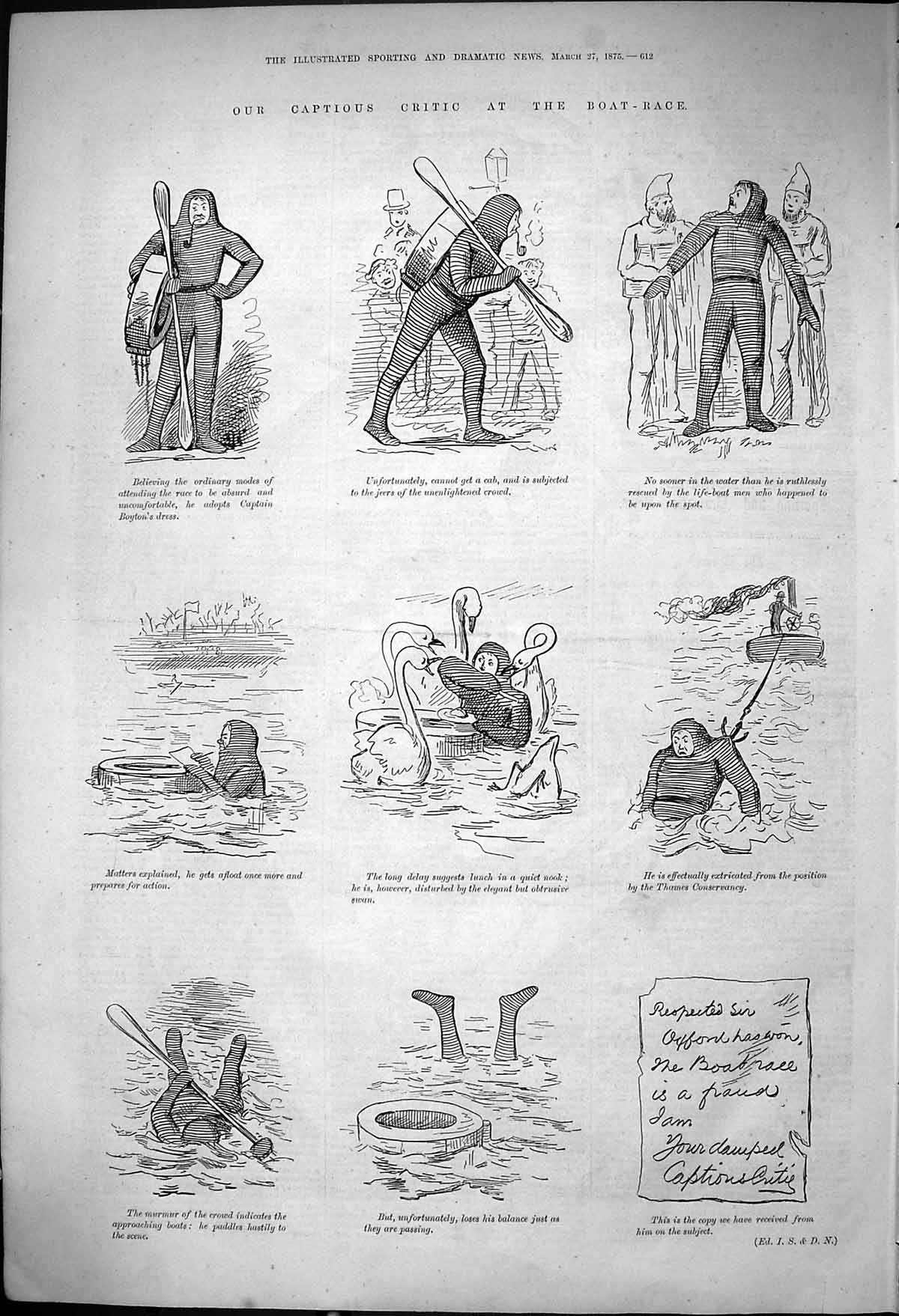 Antique Print Captious Critic Boat Race Falls Water Rescued Life-Boat 1875 19th