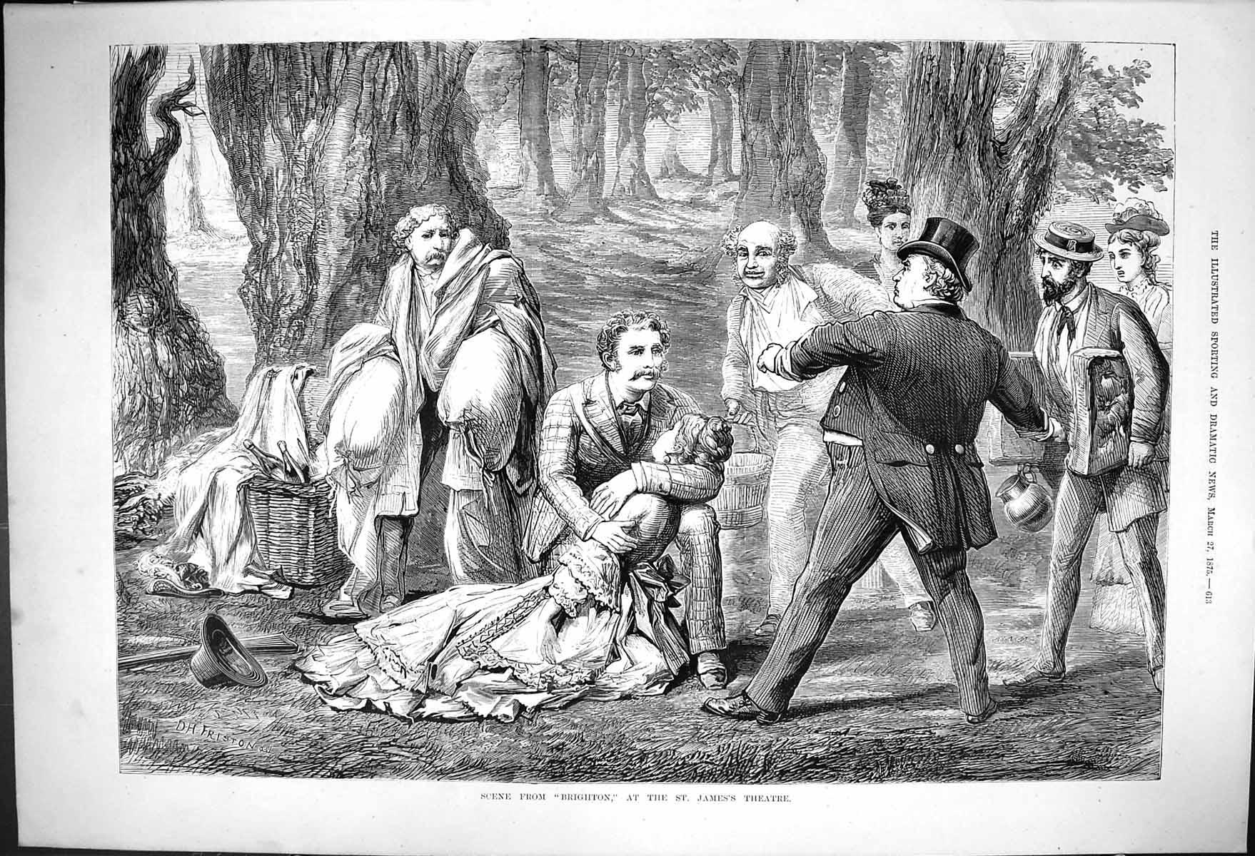 Antique Print Scene Brighton St James Theatre Man Woman Arms D Friston 1875