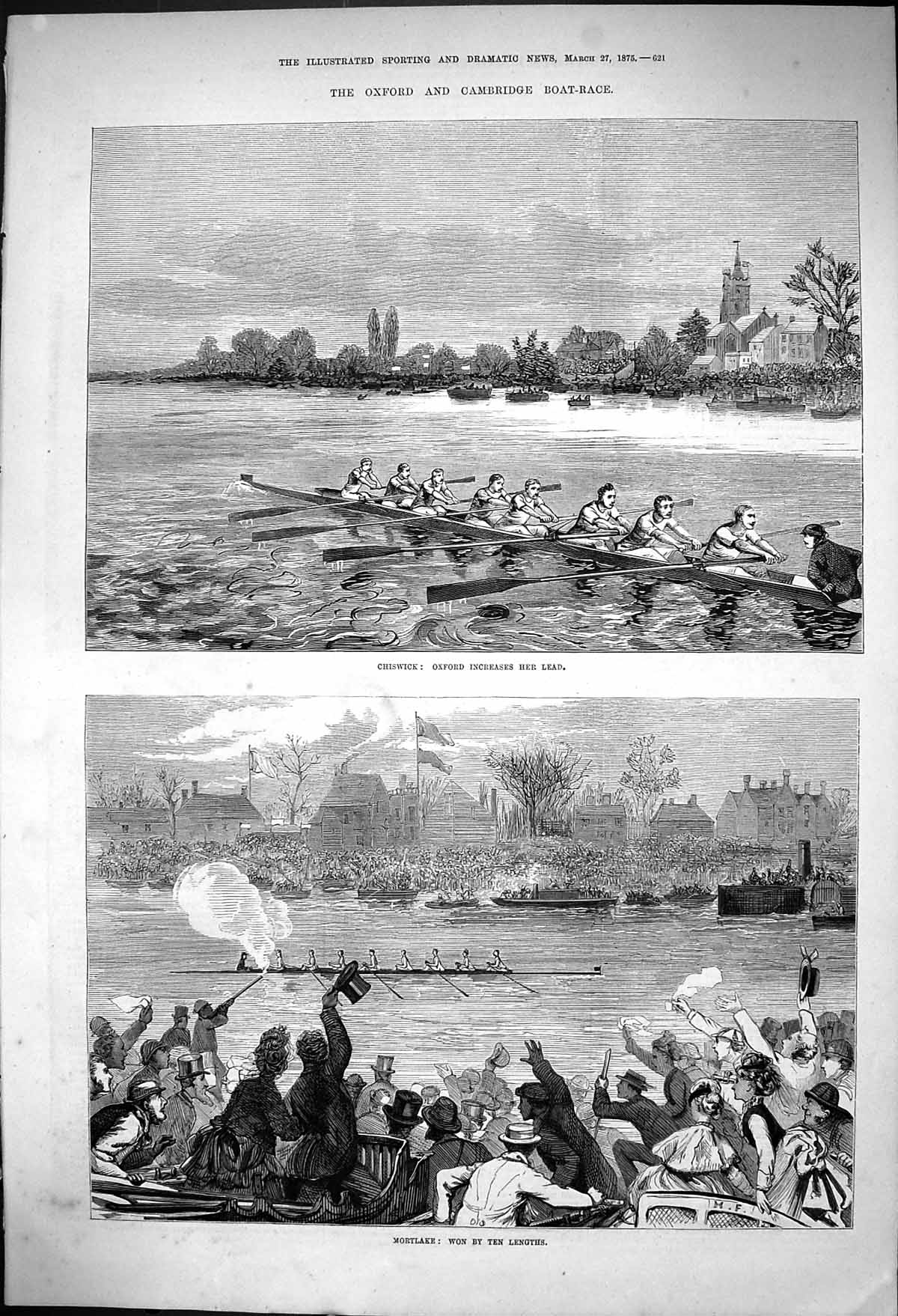 Antique Print Oxford Cambridge Boat Race Chiswick Mortlake Oxford Won 1875 19th