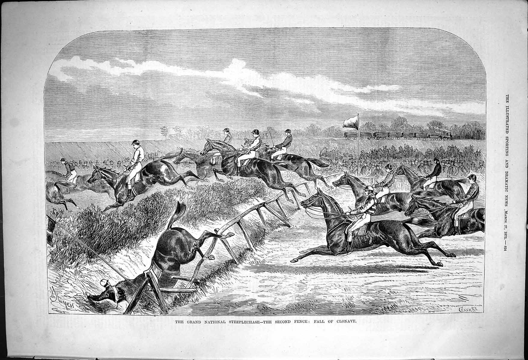 Antique Old Print Grand National Steeplchase Second Fence Fall Clonave 1875