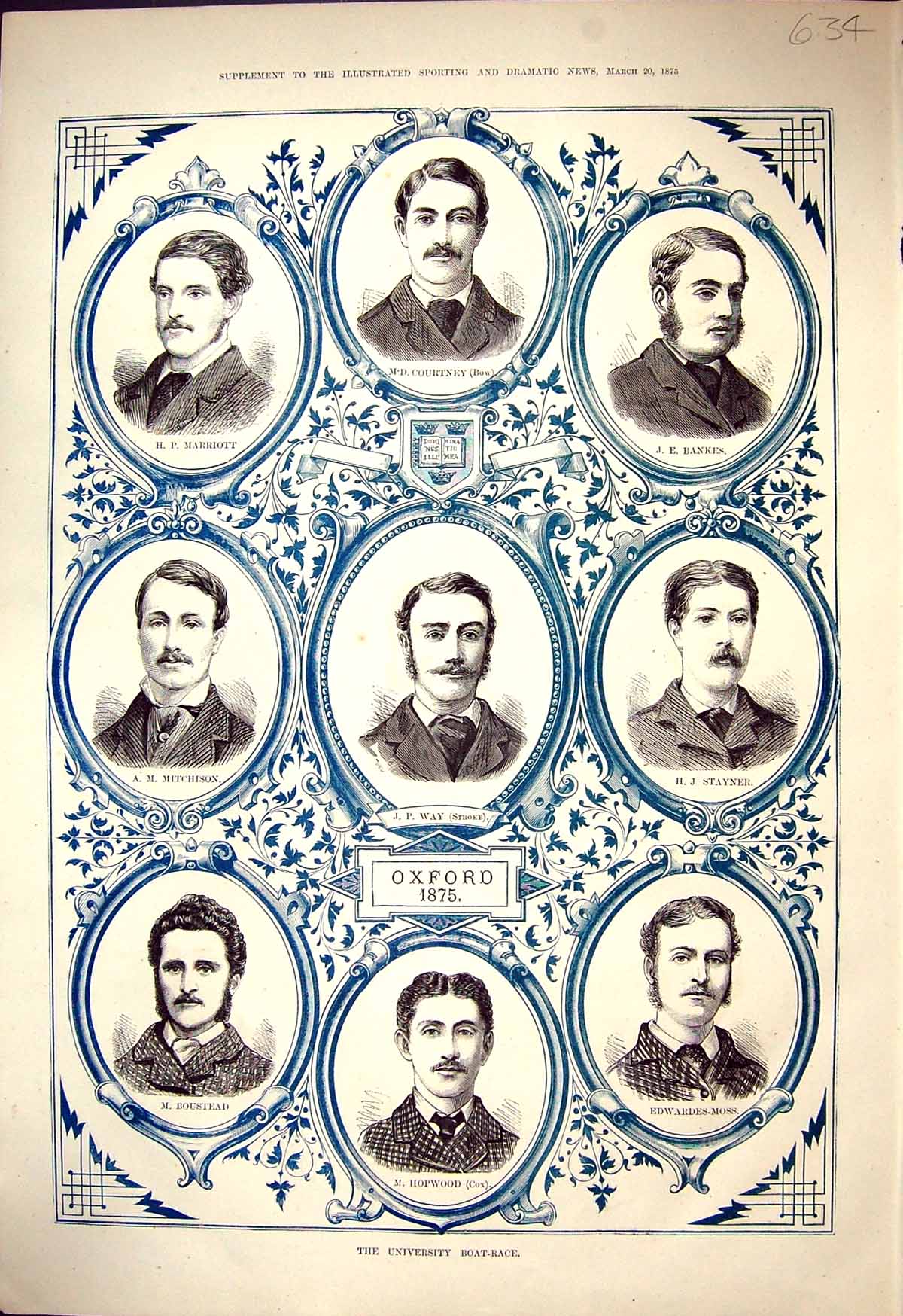 Old Print Oxford Boat Race Team Hopwood Way Courtney Marriooo Bankes1875 19th