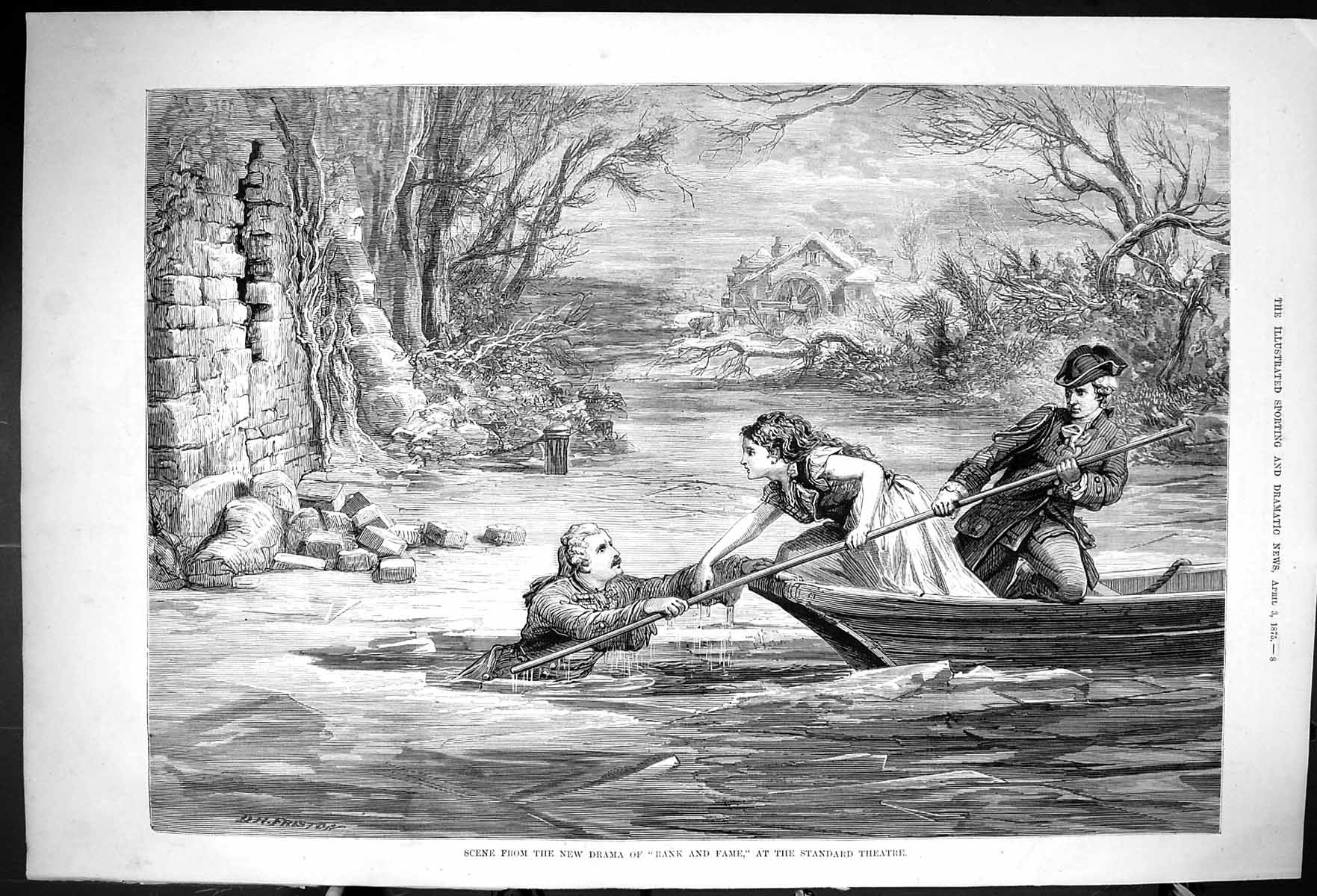 Old Antique Print 1875 Scene Drama Rank Fame Standard Theatre River Boat 19th